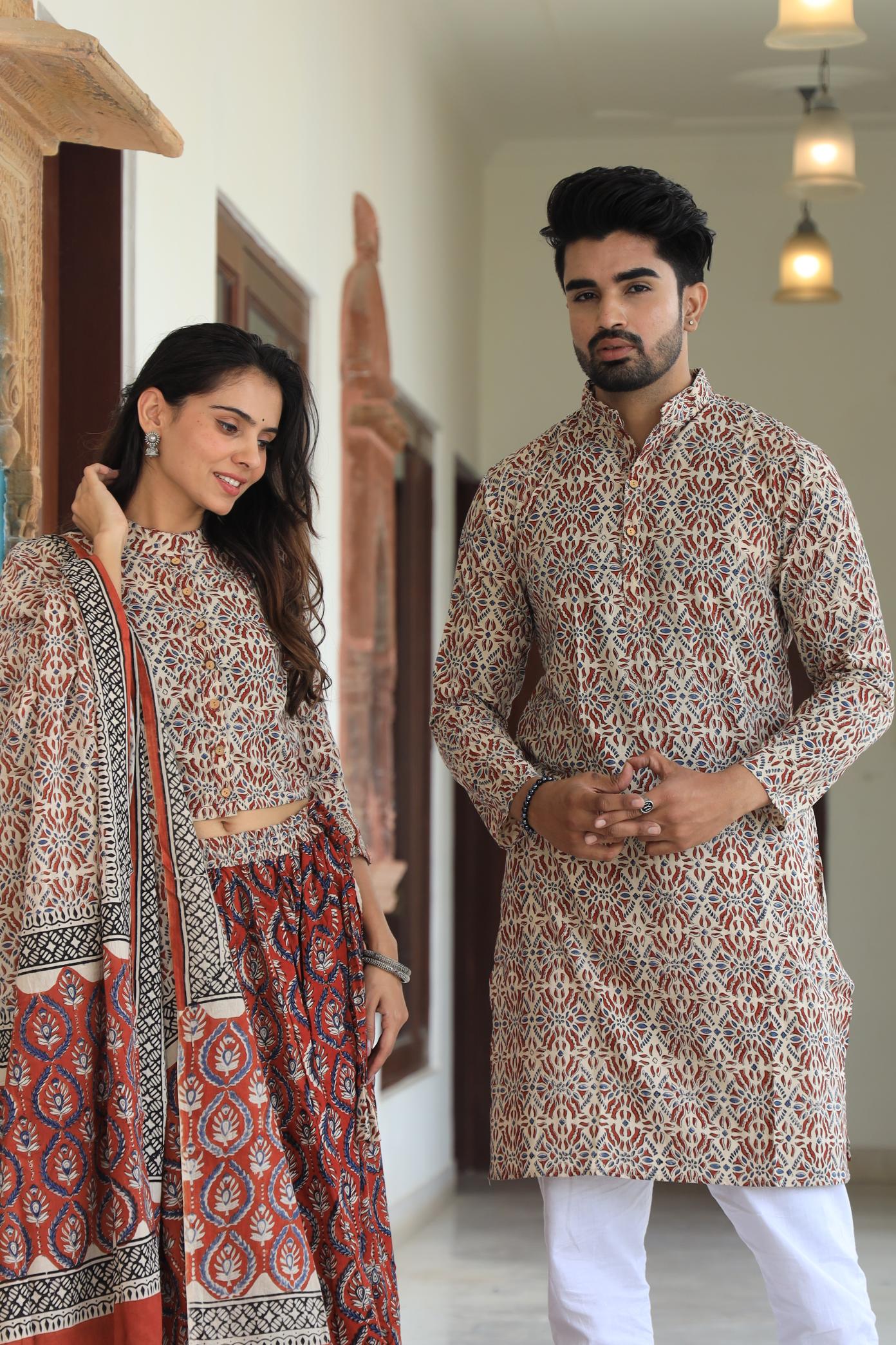 Handprinted Cotton Chaniya Choli & Men’s Kurta Pajama Couple Set