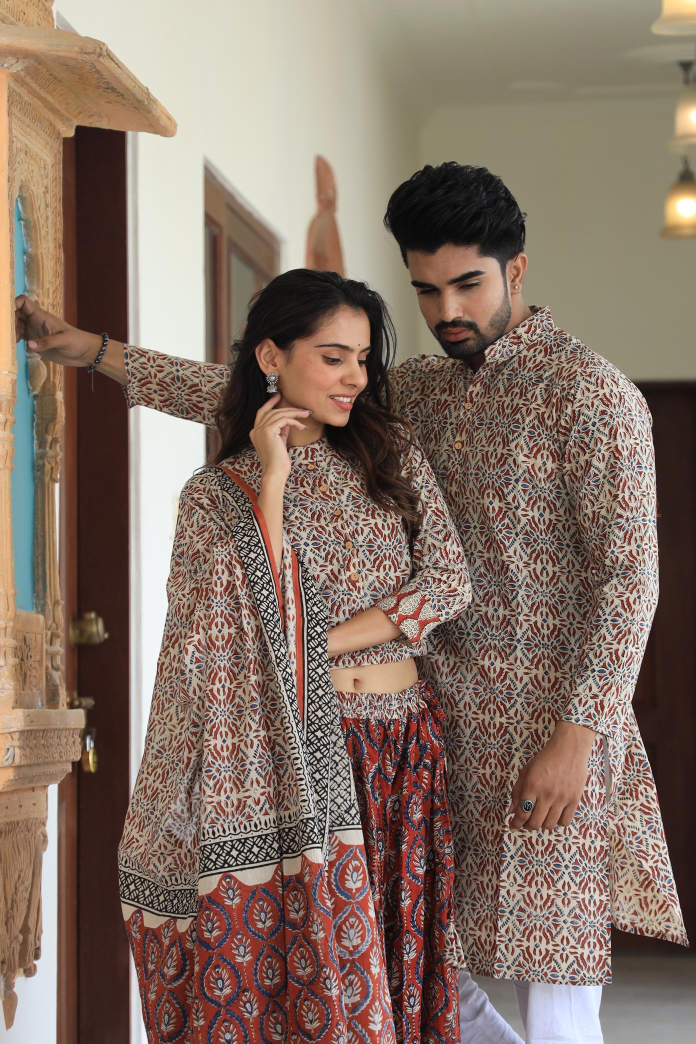 Handprinted Cotton Chaniya Choli & Men’s Kurta Pajama Couple Set