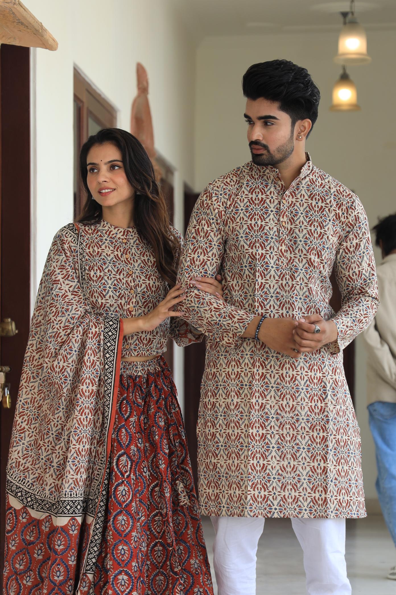 Handprinted Cotton Chaniya Choli & Men’s Kurta Pajama Couple Set