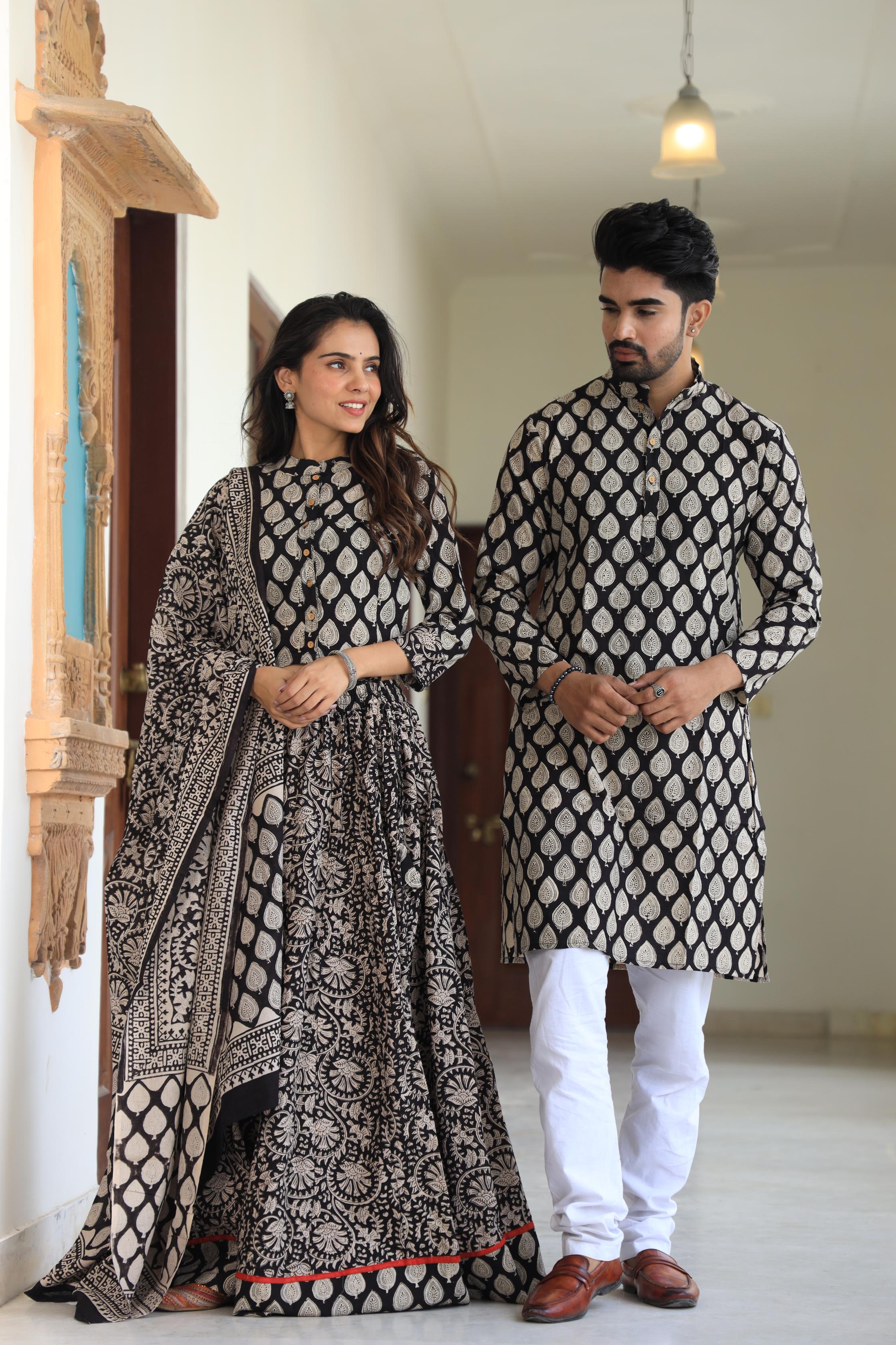 Black & Beige Hand-Printed Cotton Chaniya Choli & Kurta Set