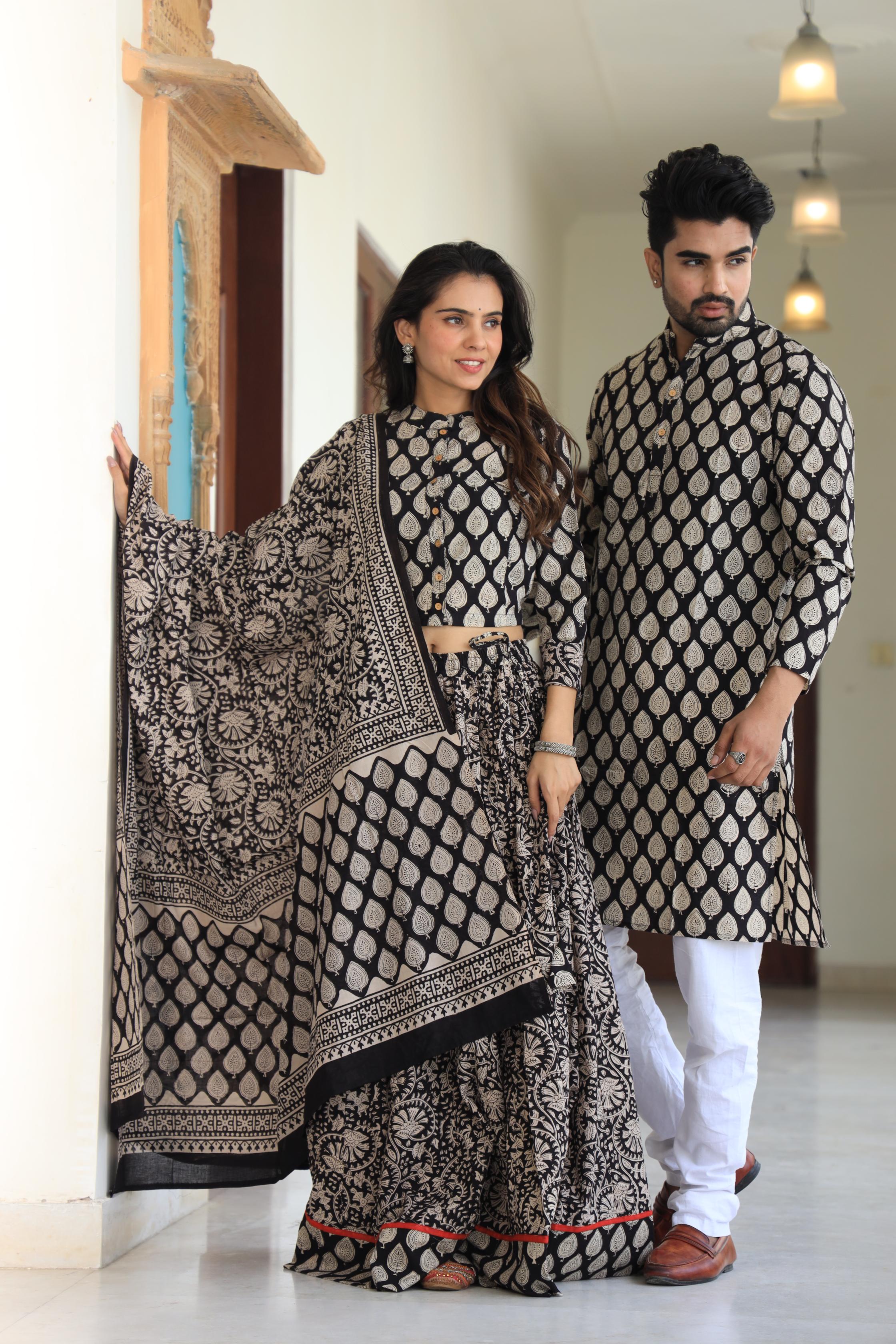 Black & Beige Hand-Printed Cotton Chaniya Choli & Kurta Set