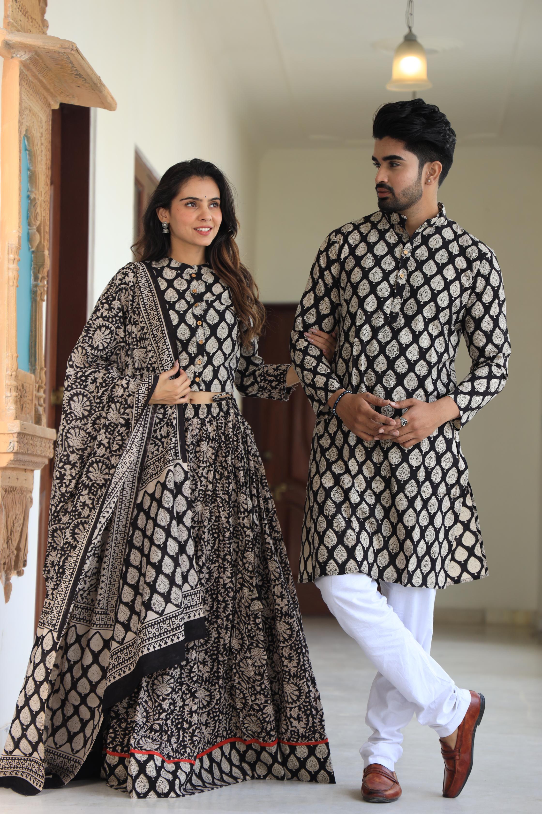 Black & Beige Hand-Printed Cotton Chaniya Choli & Kurta Set