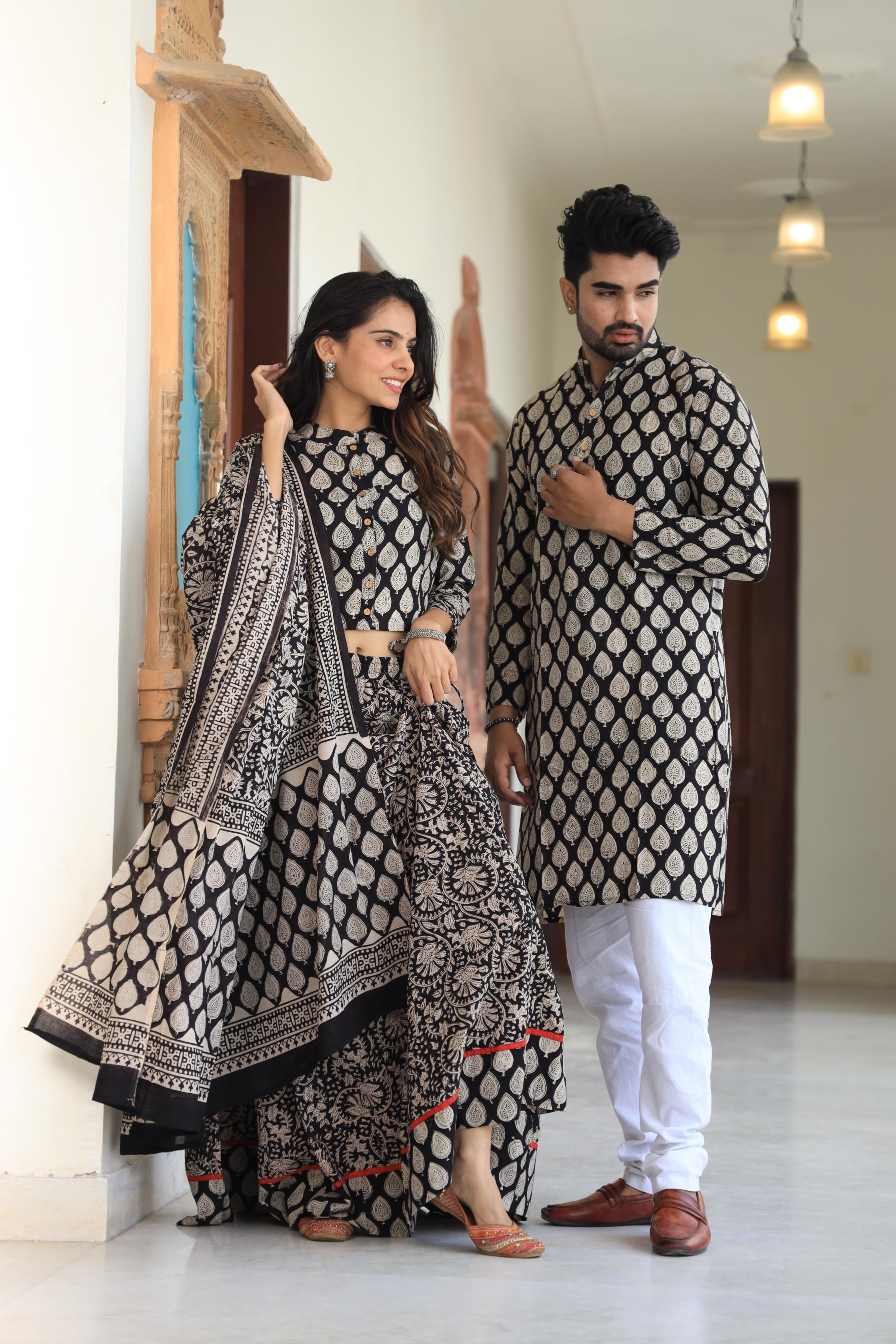 Black & Beige Hand-Printed Cotton Chaniya Choli & Kurta Set