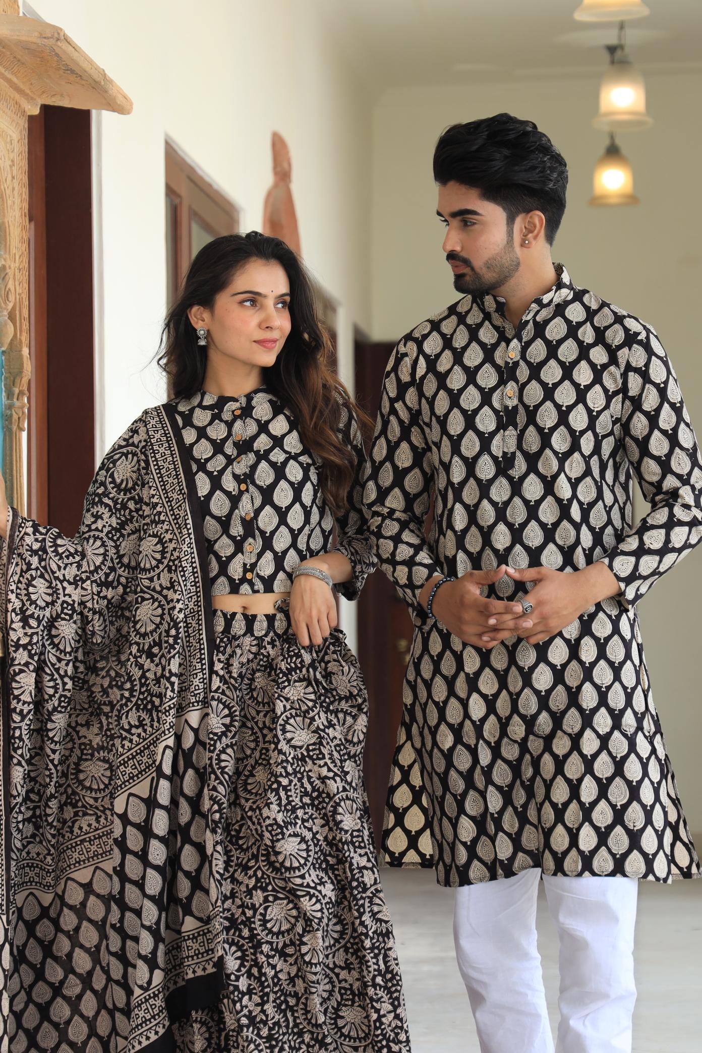 Black & Beige Hand-Printed Cotton Chaniya Choli & Kurta Set