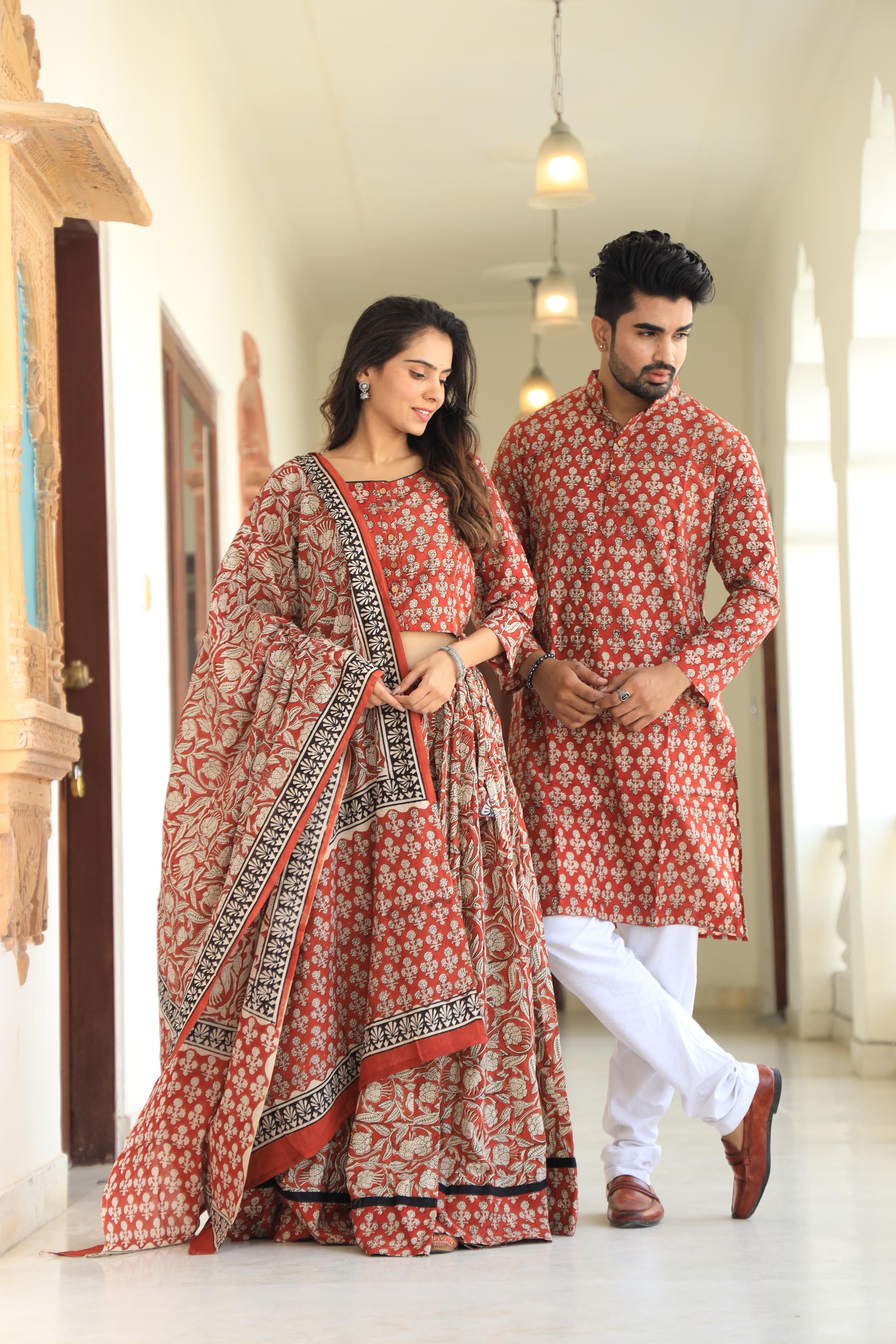 Rust Red Hand-Printed Cotton Chaniya Choli & Matching Kurta Set