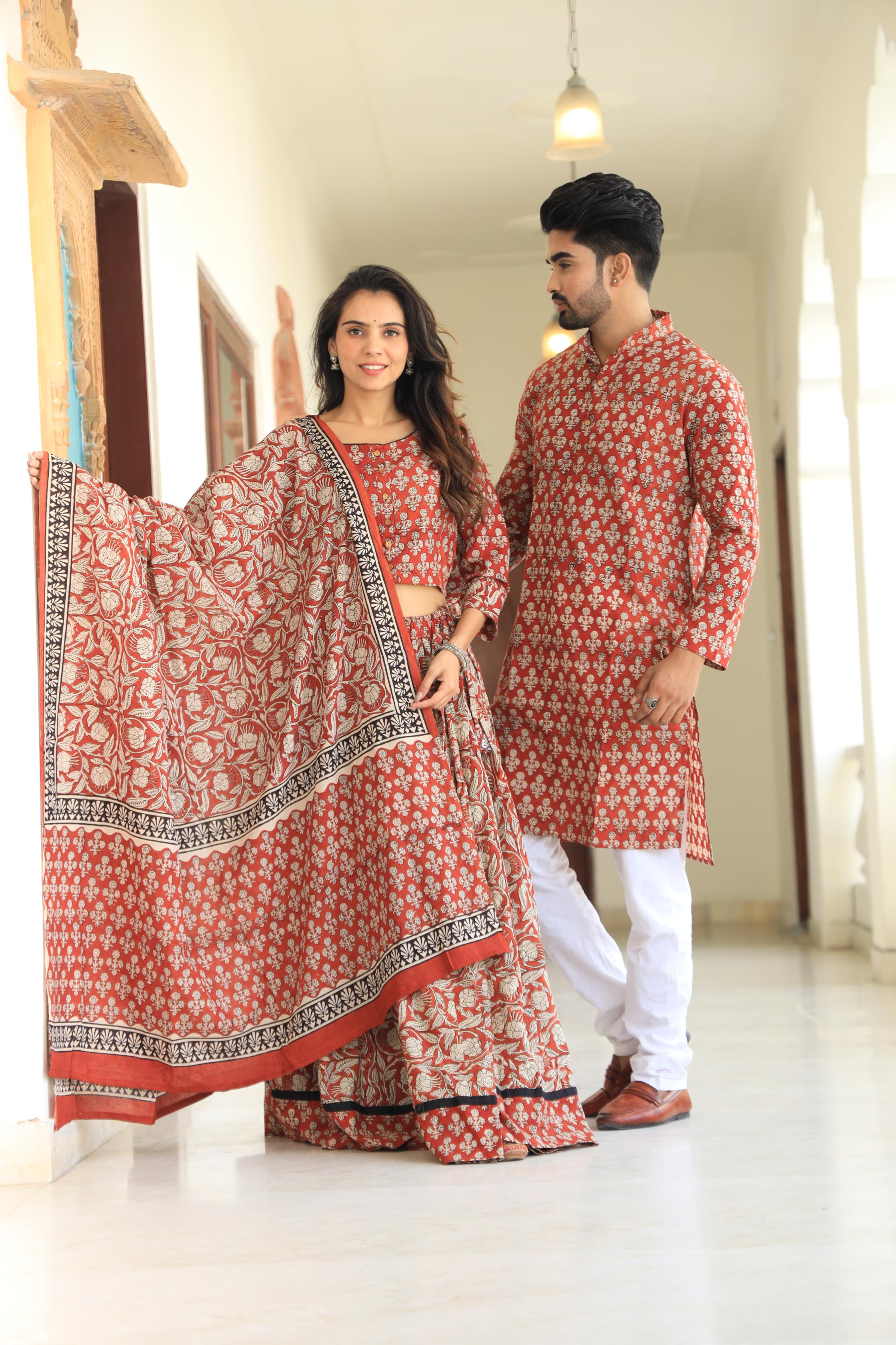 Rust Red Hand-Printed Cotton Chaniya Choli & Matching Kurta Set