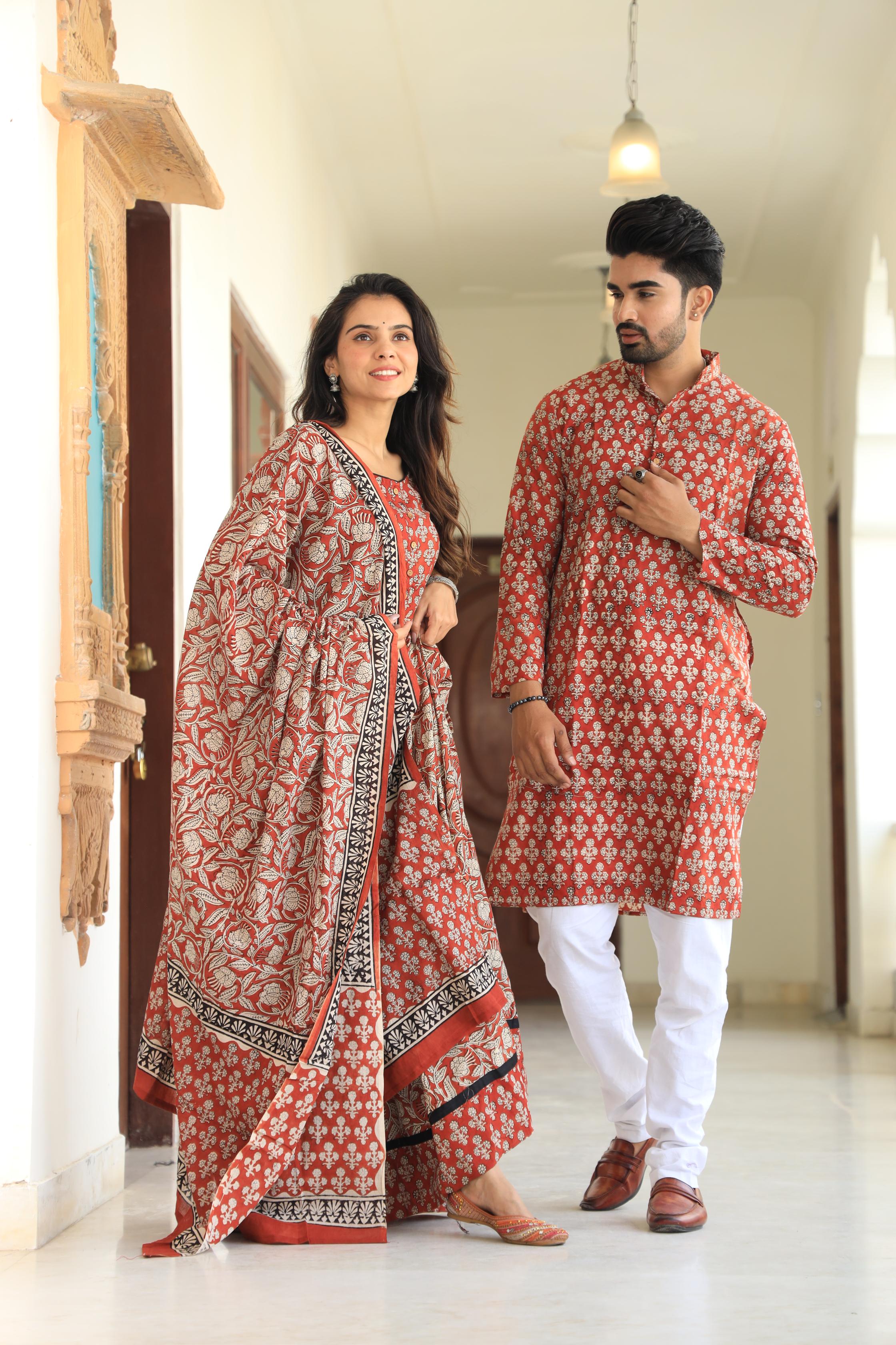 Rust Red Hand-Printed Cotton Chaniya Choli & Matching Kurta Set