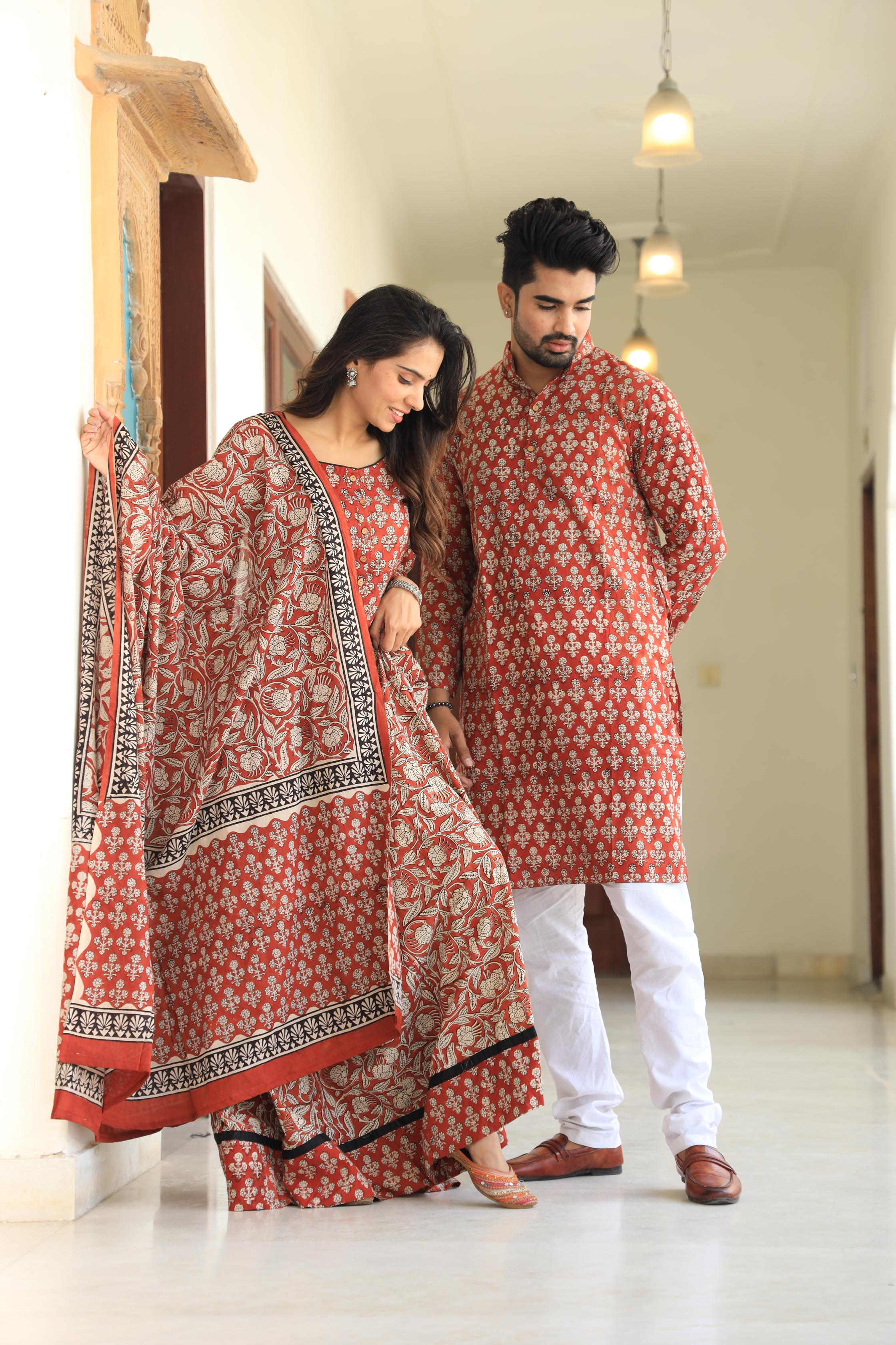 Rust Red Hand-Printed Cotton Chaniya Choli & Matching Kurta Set
