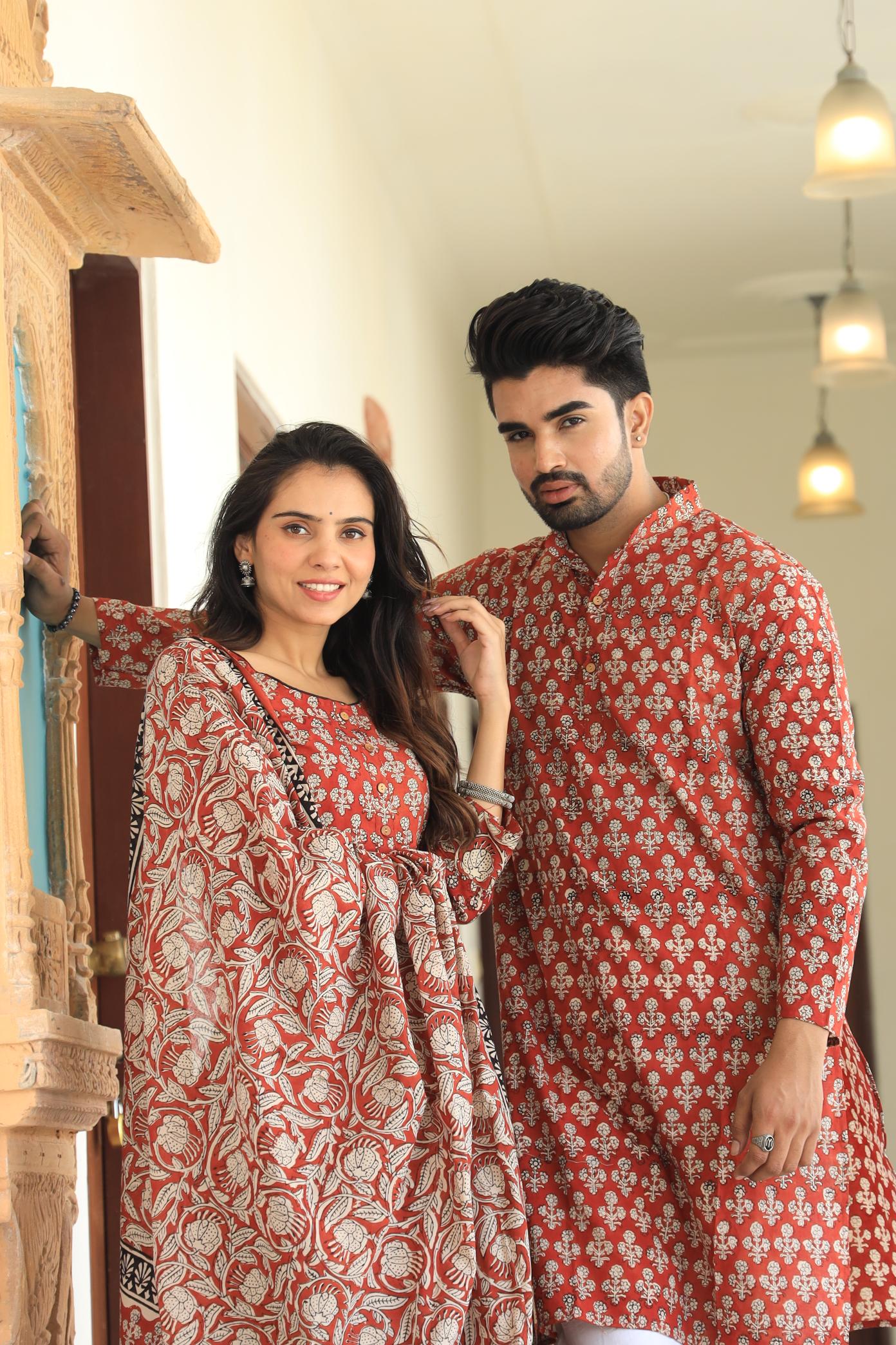 Rust Red Hand-Printed Cotton Chaniya Choli & Matching Kurta Set