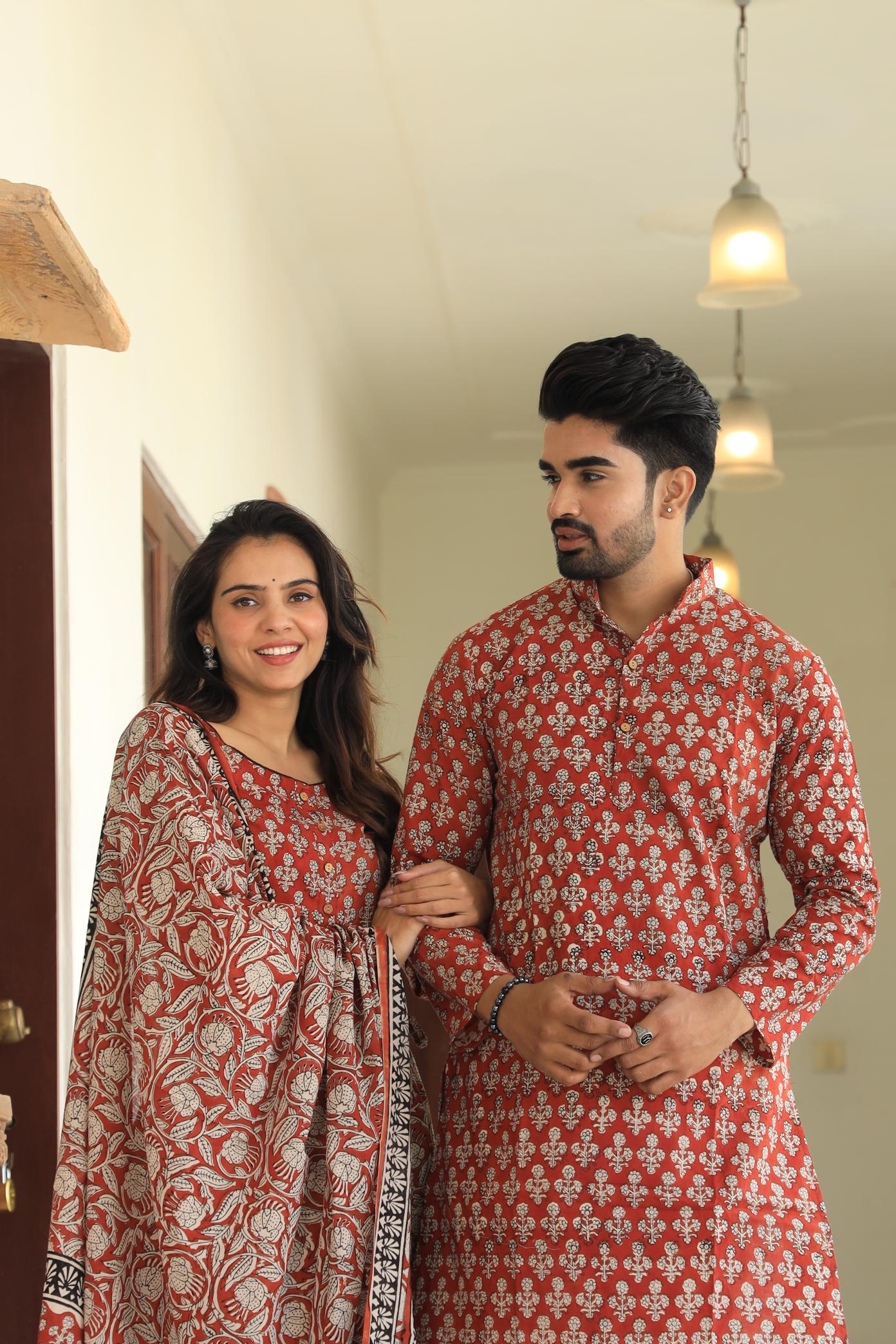 Rust Red Hand-Printed Cotton Chaniya Choli & Matching Kurta Set