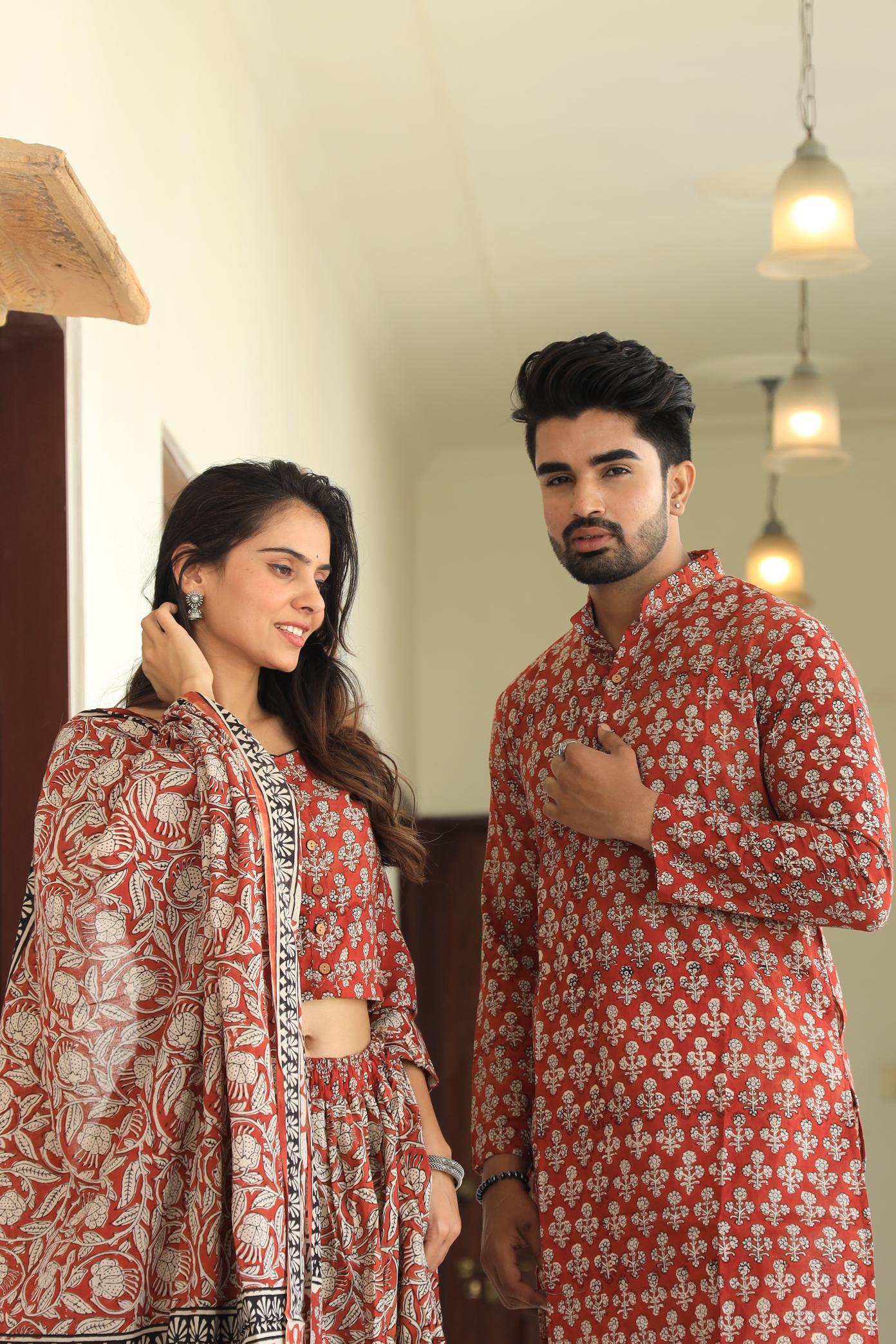 Rust Red Hand-Printed Cotton Chaniya Choli & Matching Kurta Set