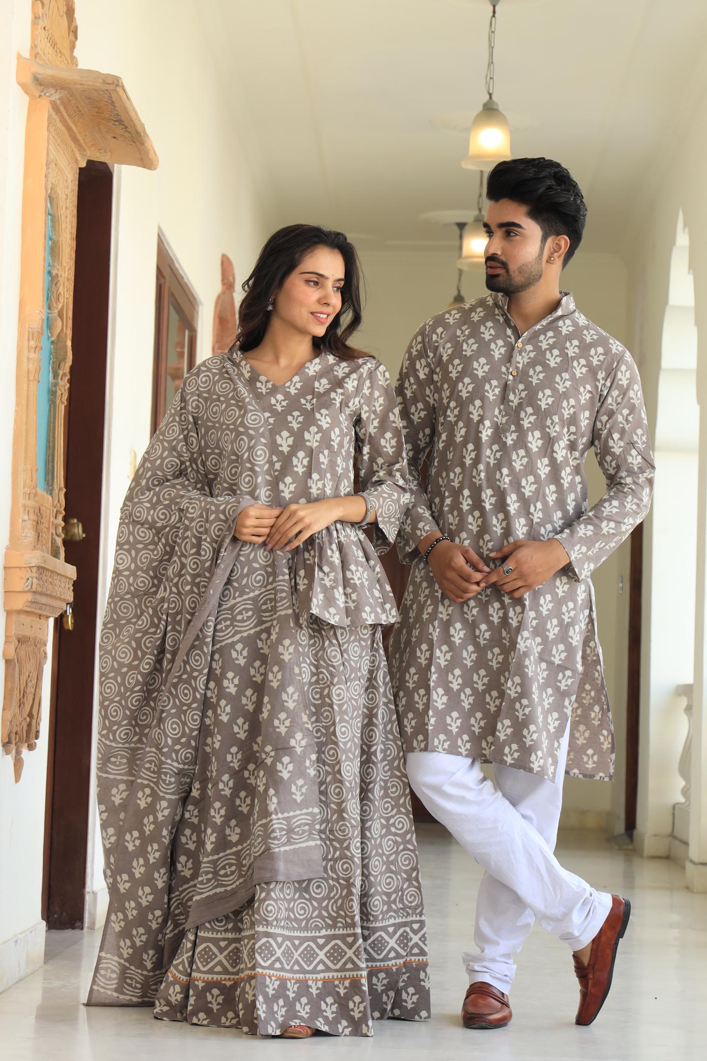 Muted Grey Hand-Printed Peplum Chaniya Choli & Matching Kurta Set