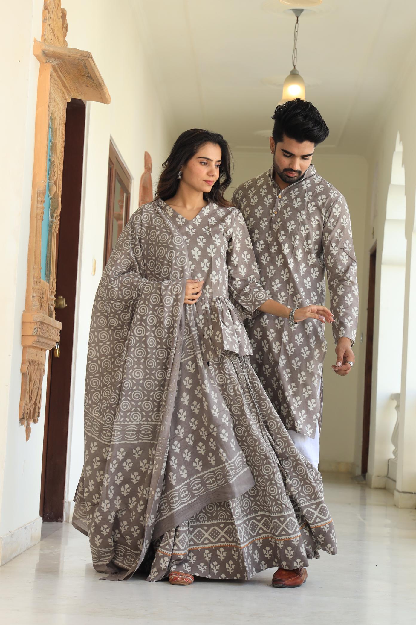 Muted Grey Hand-Printed Peplum Chaniya Choli & Matching Kurta Set
