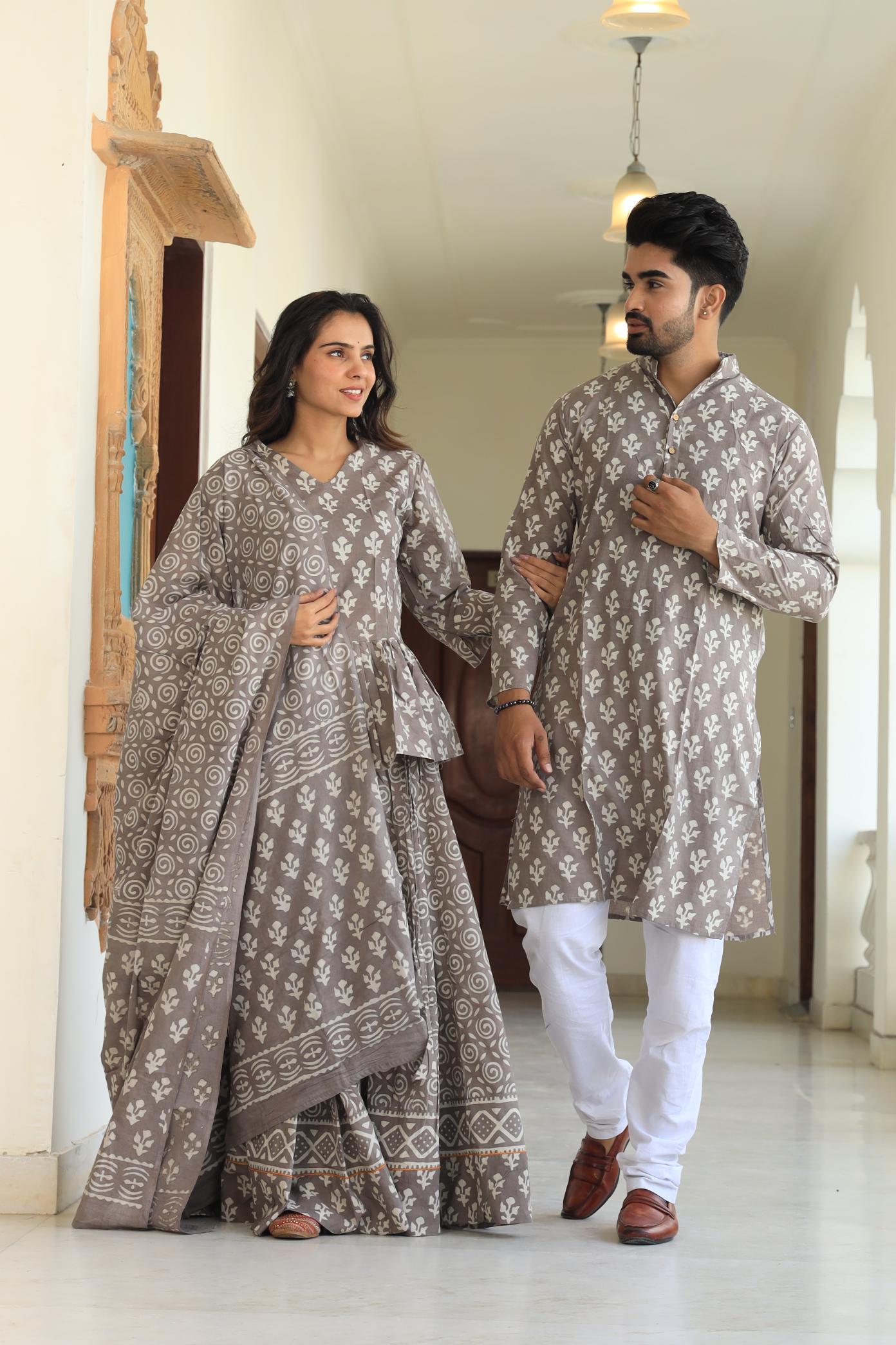 Muted Grey Hand-Printed Peplum Chaniya Choli & Matching Kurta Set