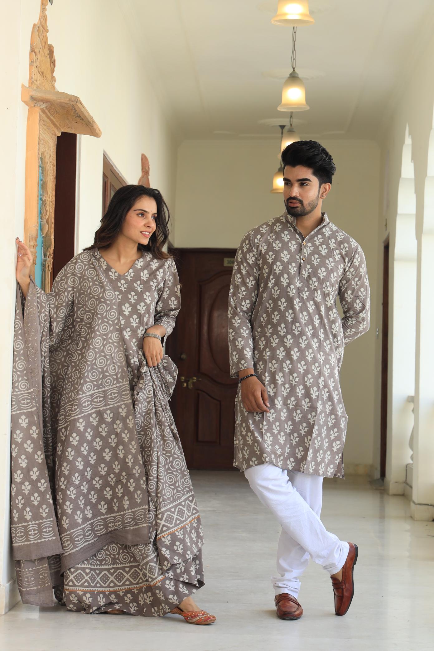 Muted Grey Hand-Printed Peplum Chaniya Choli & Matching Kurta Set