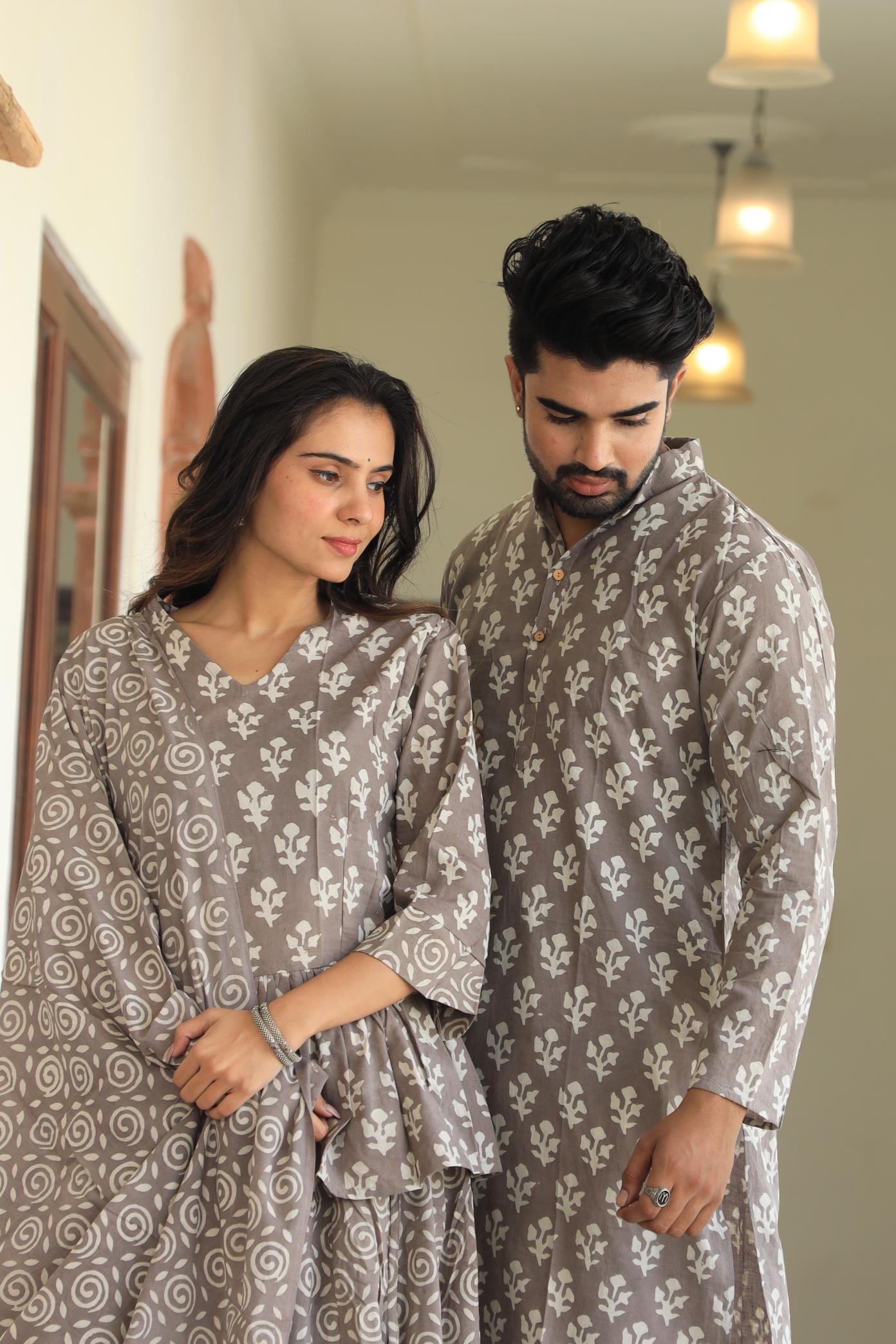 Muted Grey Hand-Printed Peplum Chaniya Choli & Matching Kurta Set