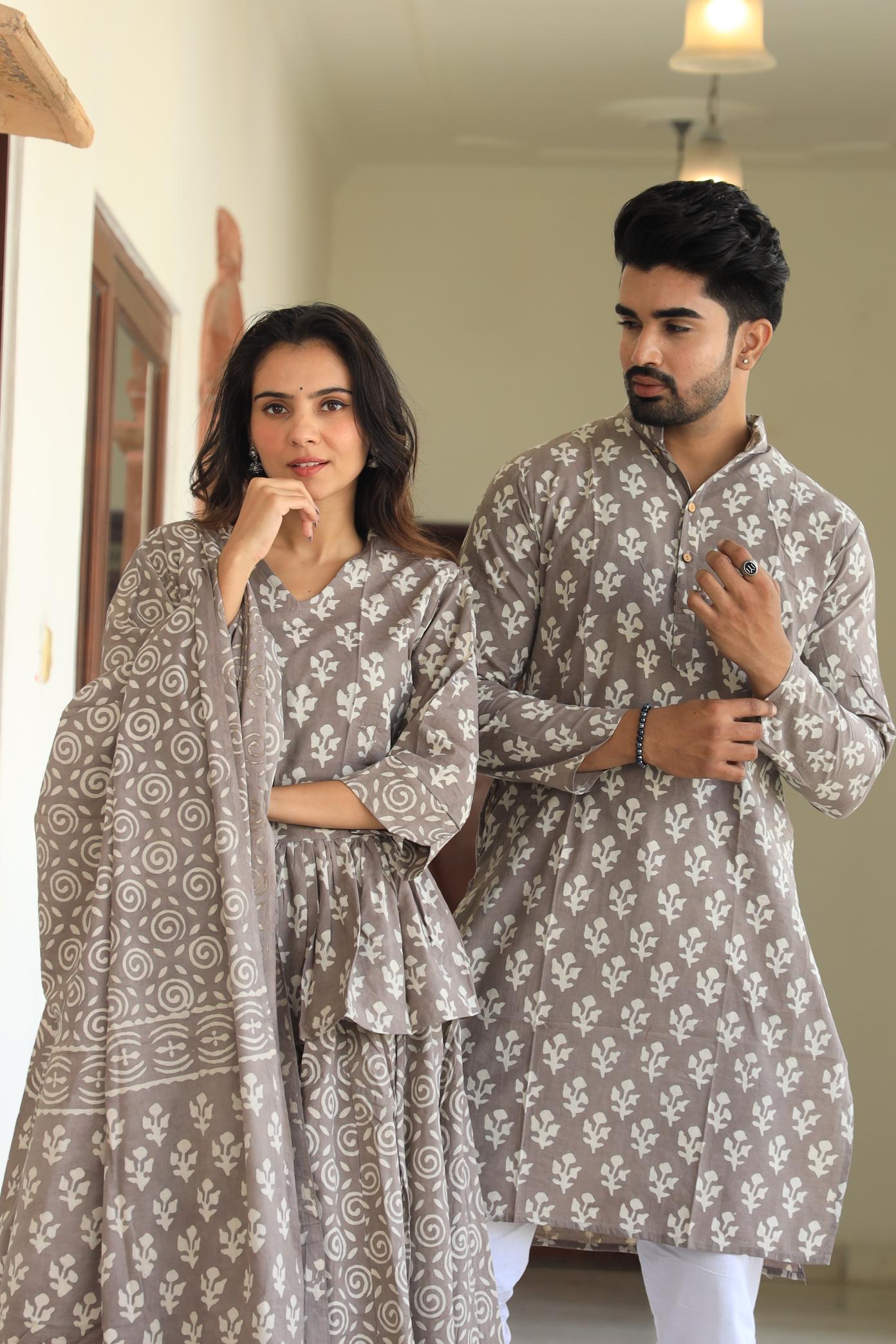 Muted Grey Hand-Printed Peplum Chaniya Choli & Matching Kurta Set