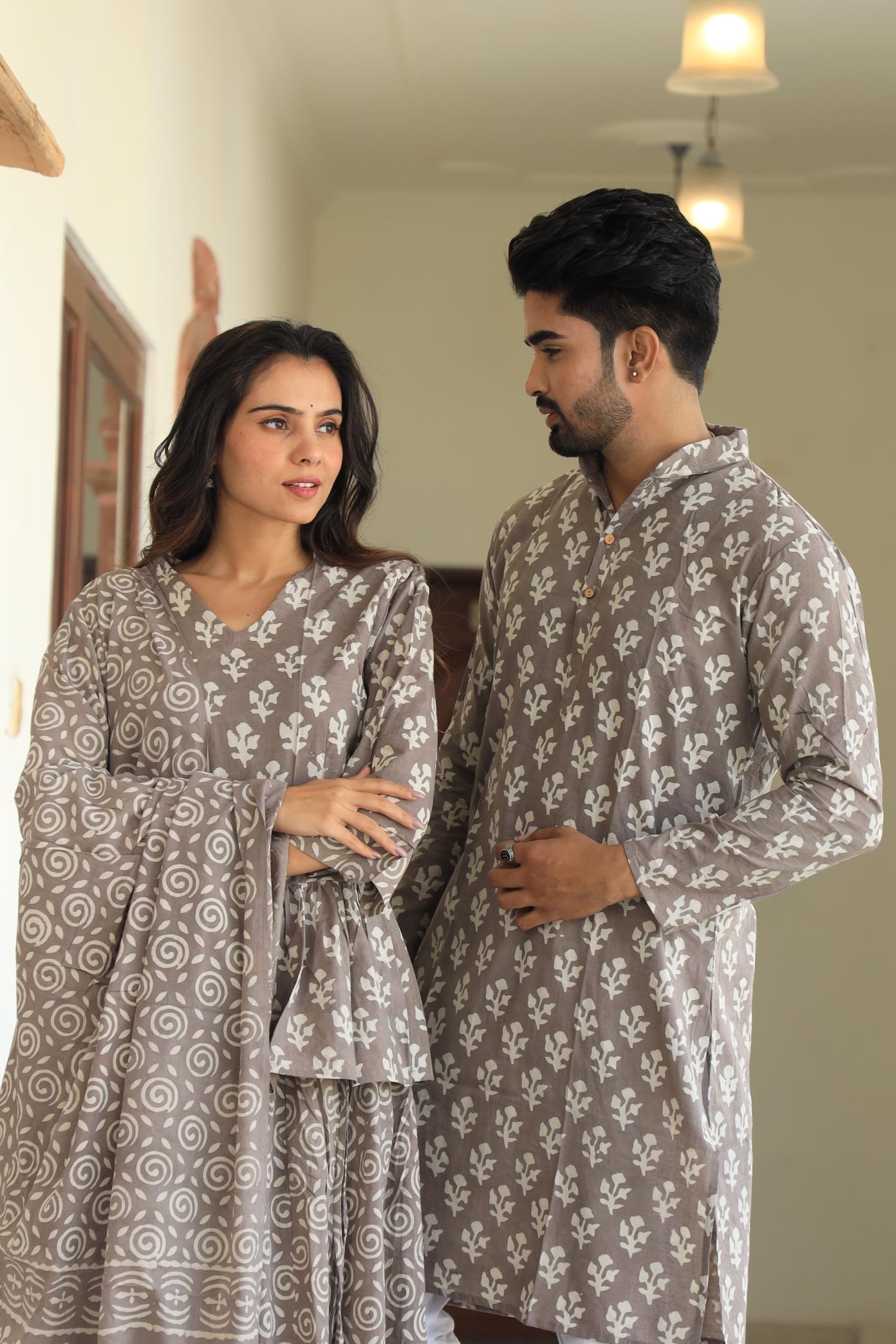 Muted Grey Hand-Printed Peplum Chaniya Choli & Matching Kurta Set