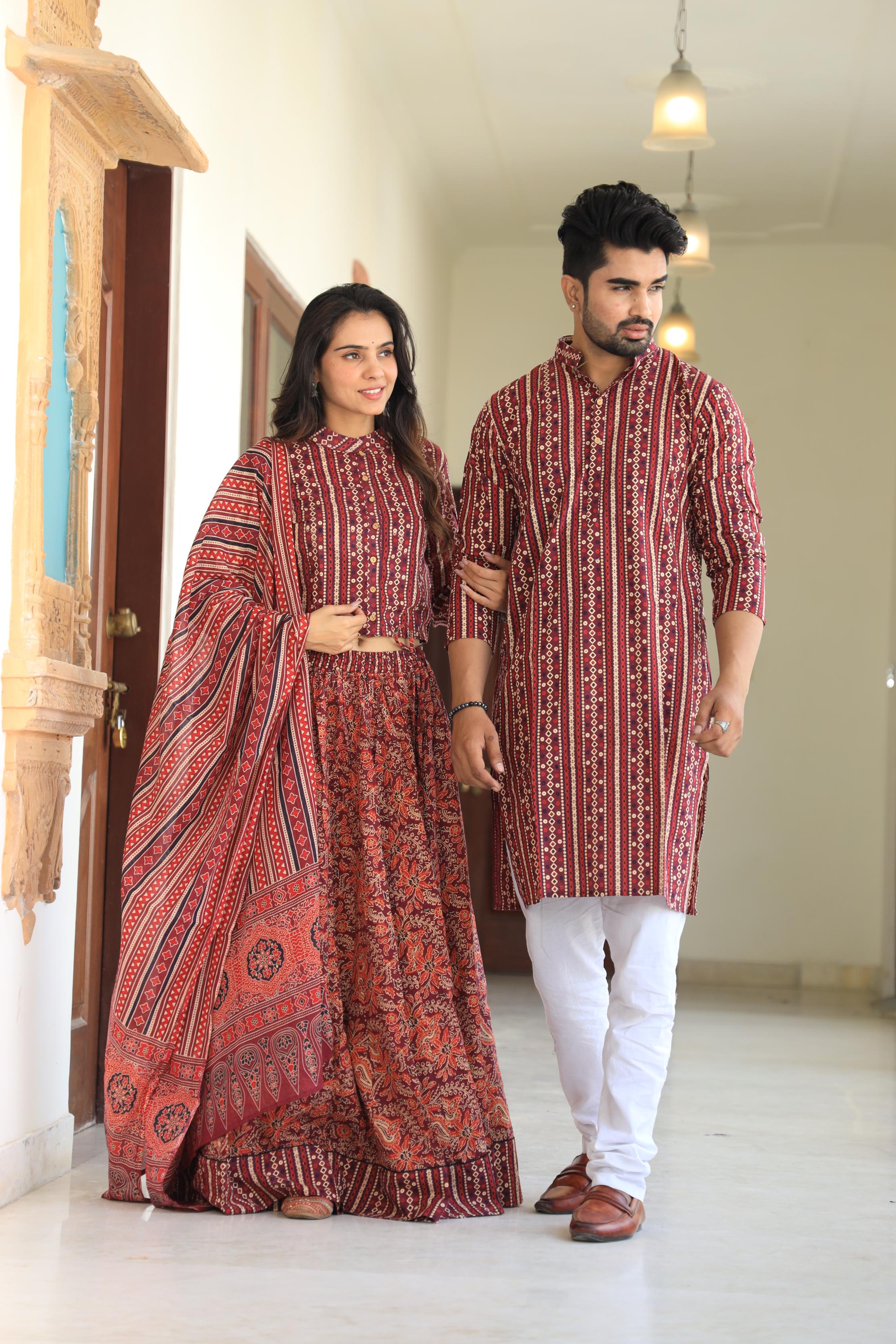 Maroon Ajrakh-Print Cotton Chaniya Choli & Coordinated Kurta Set