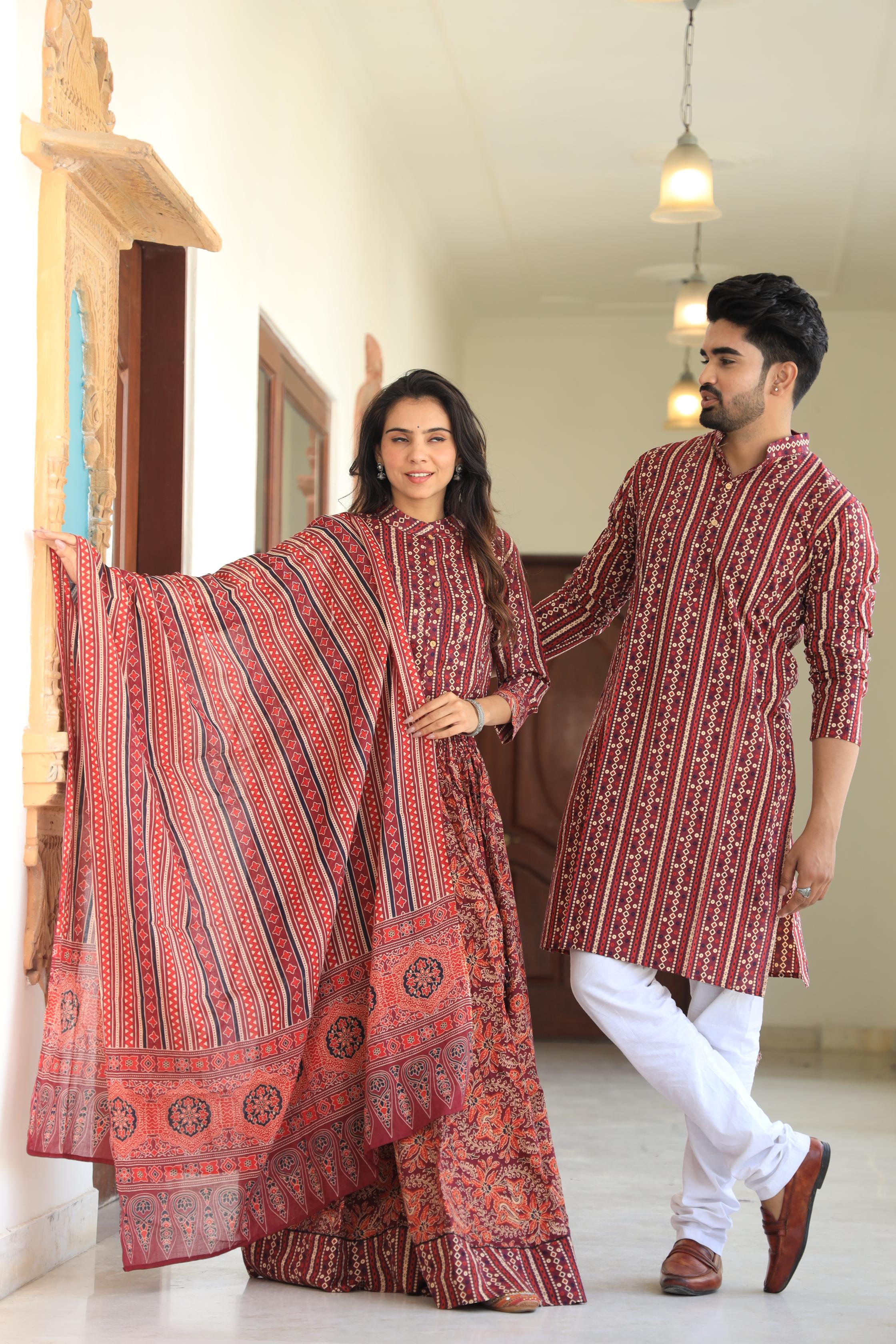 Maroon Ajrakh-Print Cotton Chaniya Choli & Coordinated Kurta Set