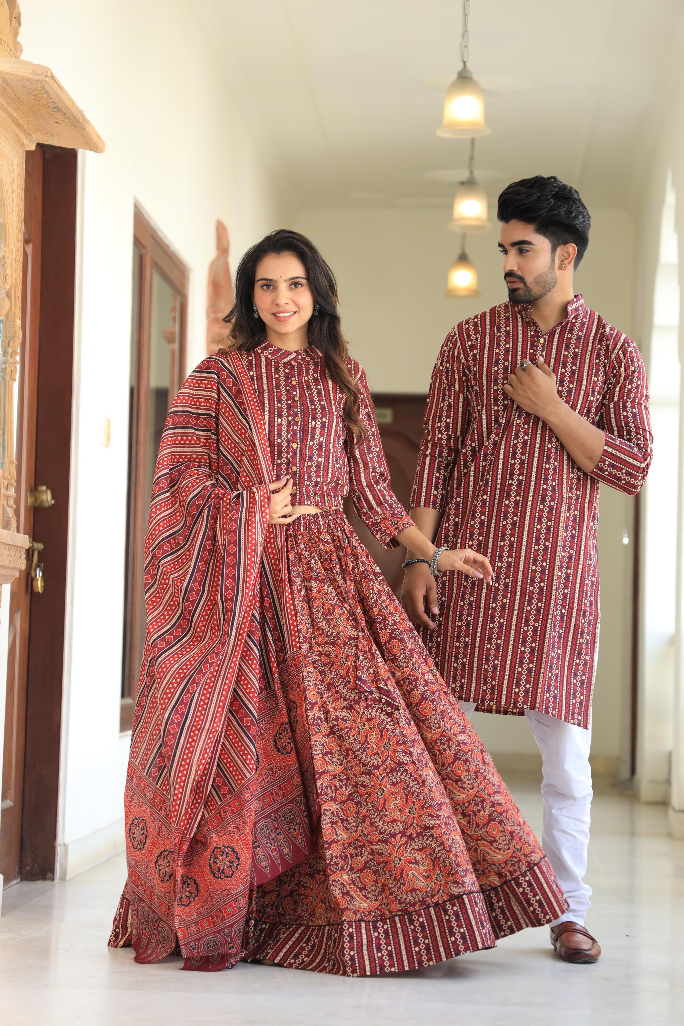 Maroon Ajrakh-Print Cotton Chaniya Choli & Coordinated Kurta Set
