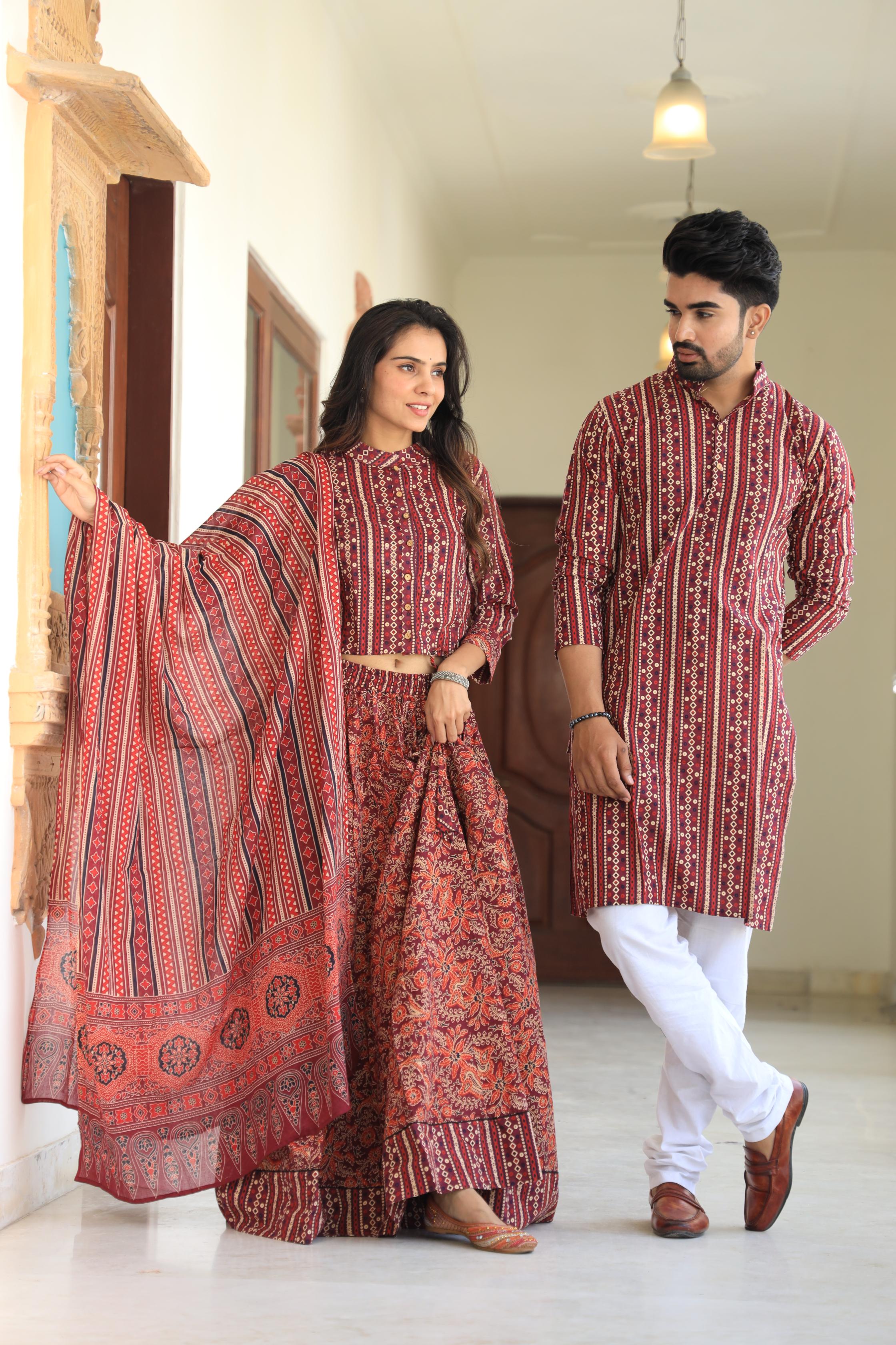 Maroon Ajrakh-Print Cotton Chaniya Choli & Coordinated Kurta Set