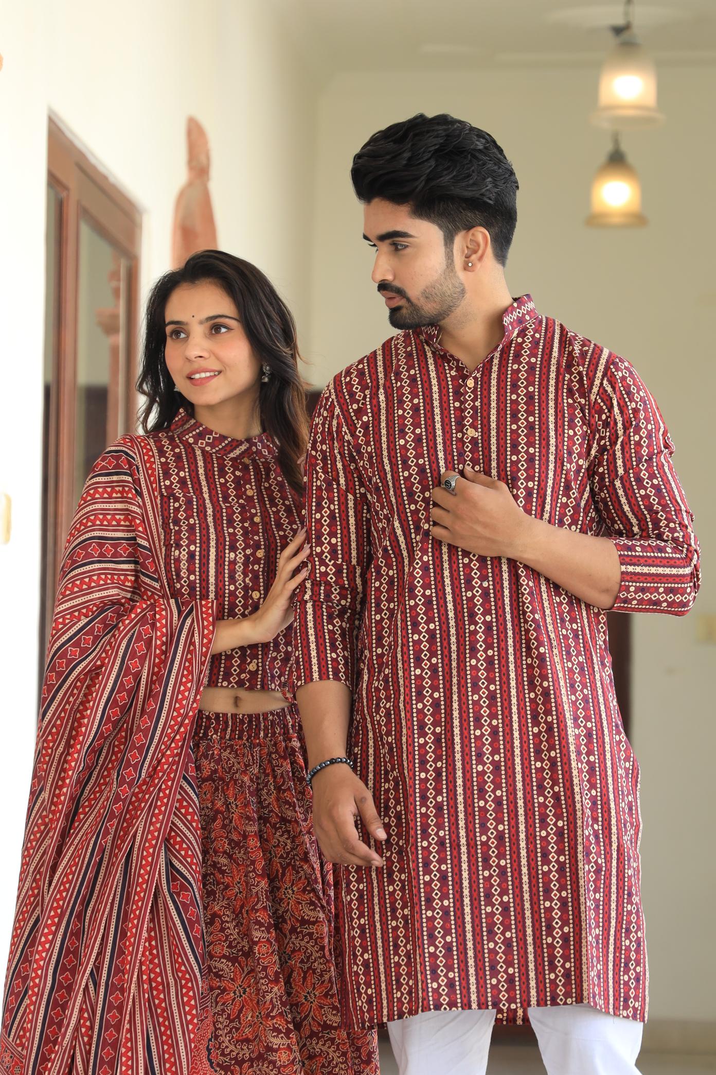 Maroon Ajrakh-Print Cotton Chaniya Choli & Coordinated Kurta Set