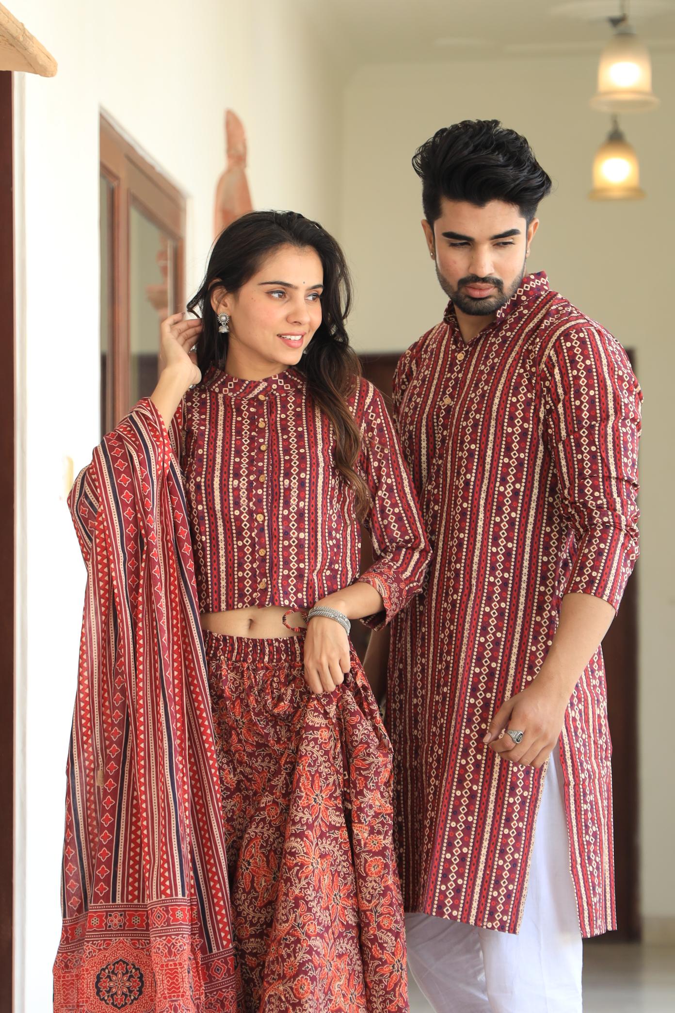 Maroon Ajrakh-Print Cotton Chaniya Choli & Coordinated Kurta Set