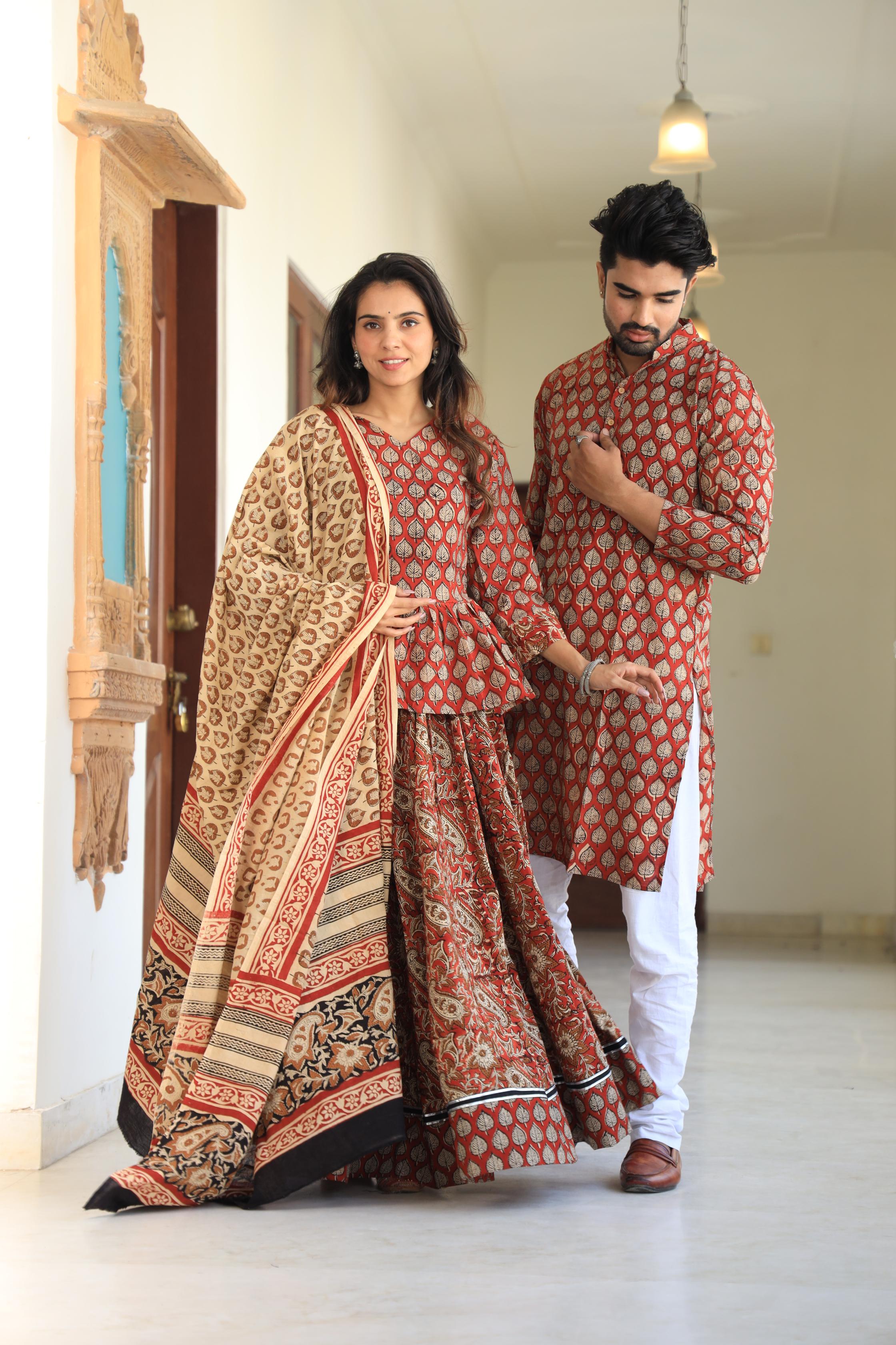 Terracotta Red Leaf-Print Peplum Chaniya Choli & Matching Kurta Set