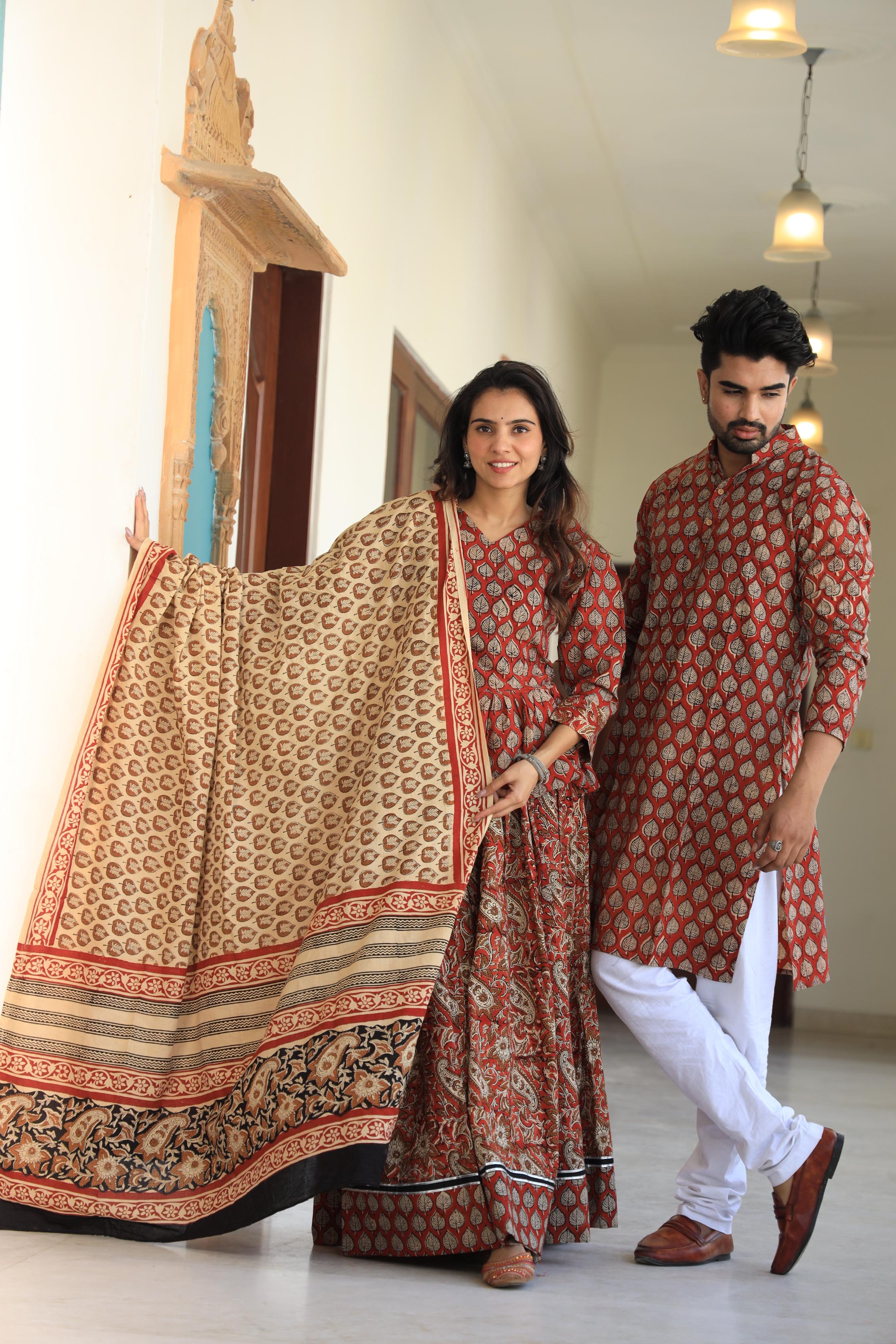 Terracotta Red Leaf-Print Peplum Chaniya Choli & Matching Kurta Set