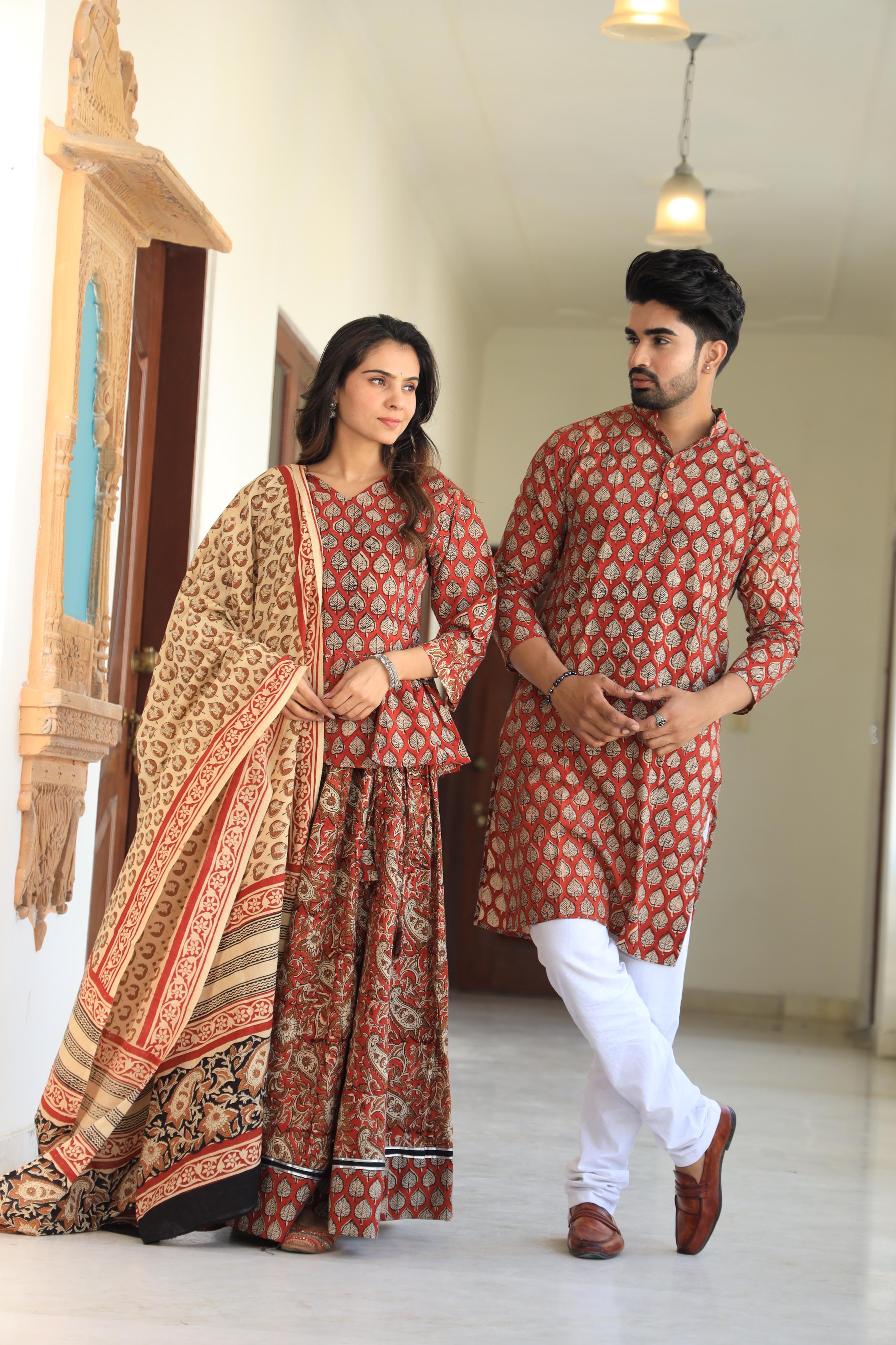 Terracotta Red Leaf-Print Peplum Chaniya Choli & Matching Kurta Set