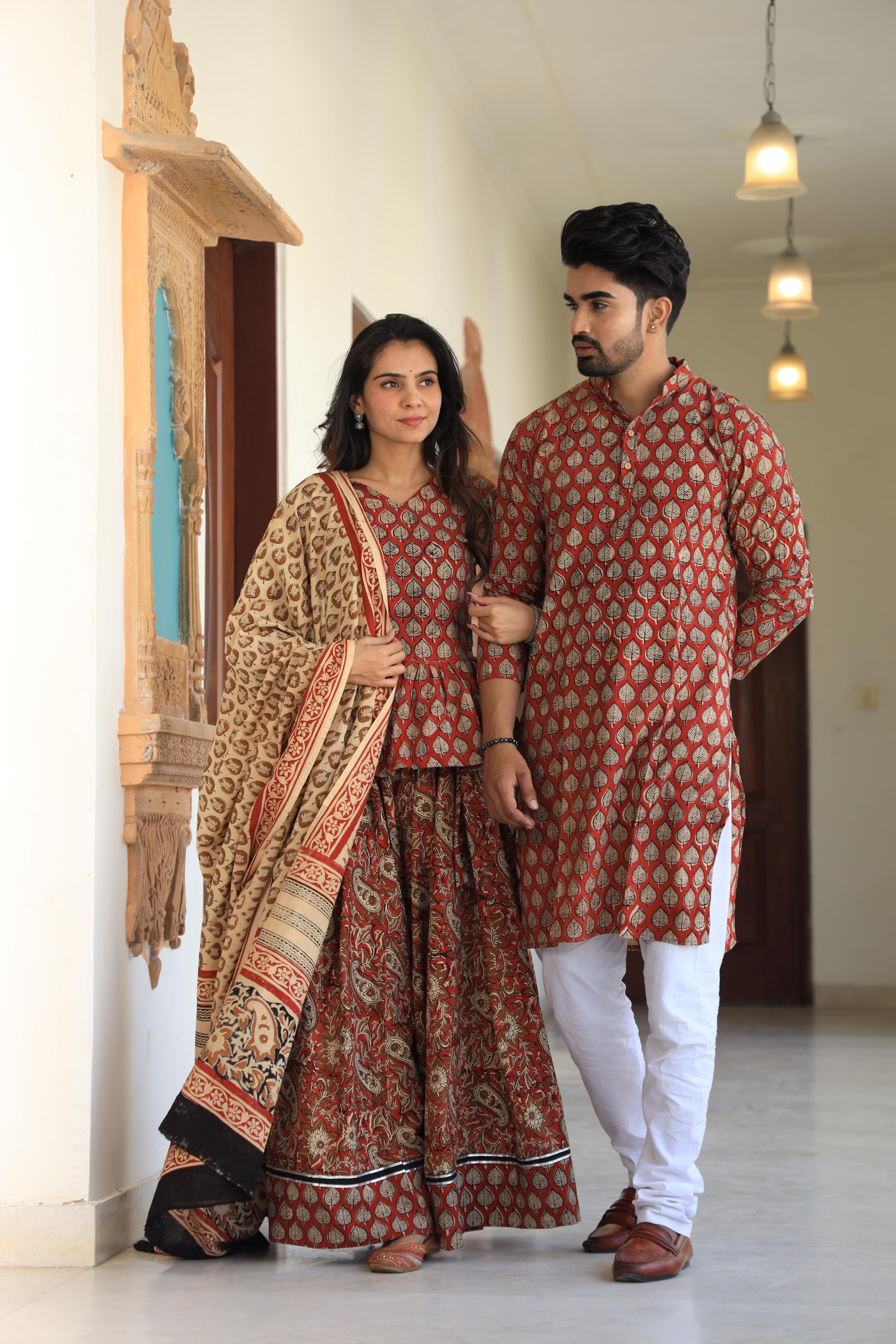 Terracotta Red Leaf-Print Peplum Chaniya Choli & Matching Kurta Set