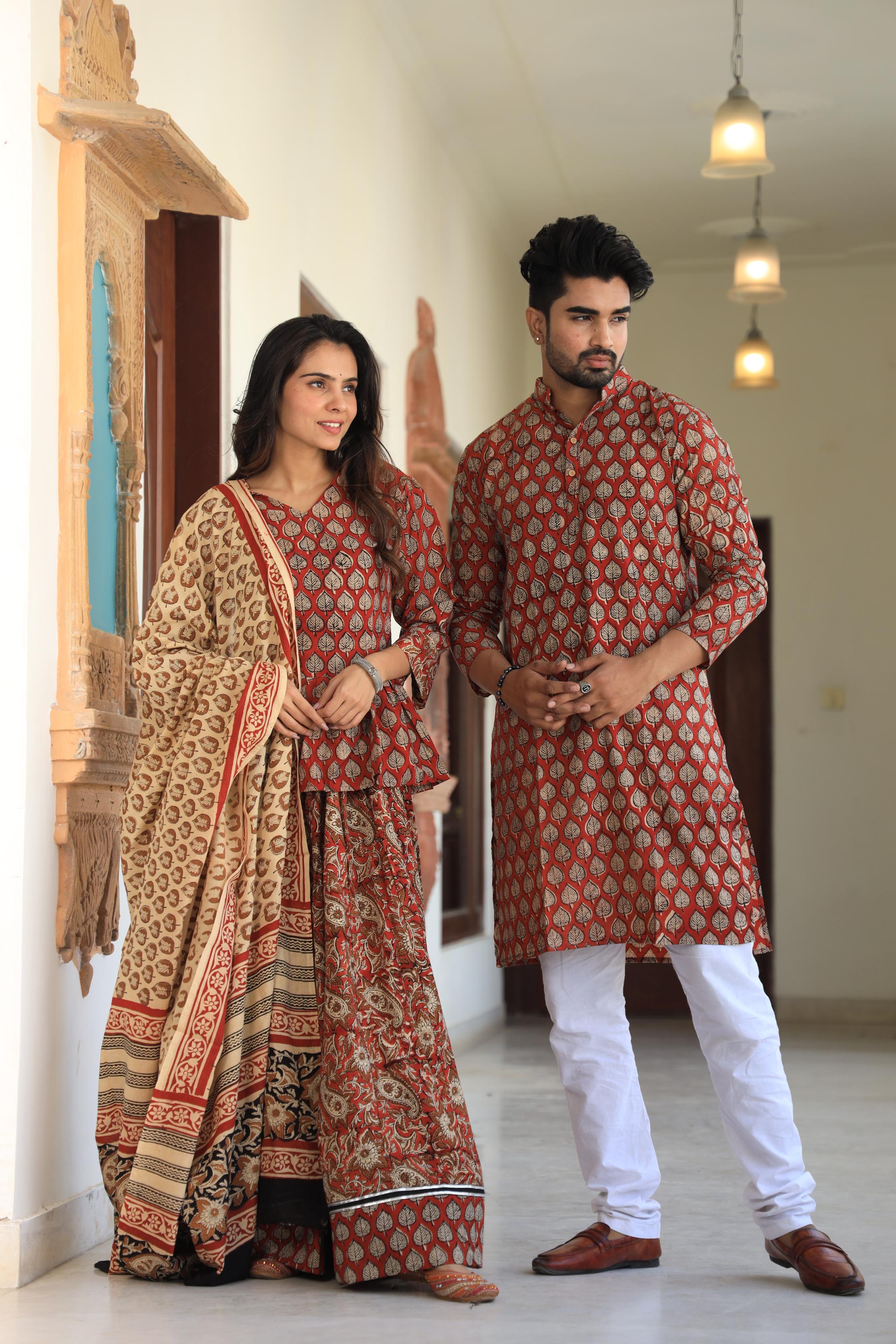 Terracotta Red Leaf-Print Peplum Chaniya Choli & Matching Kurta Set