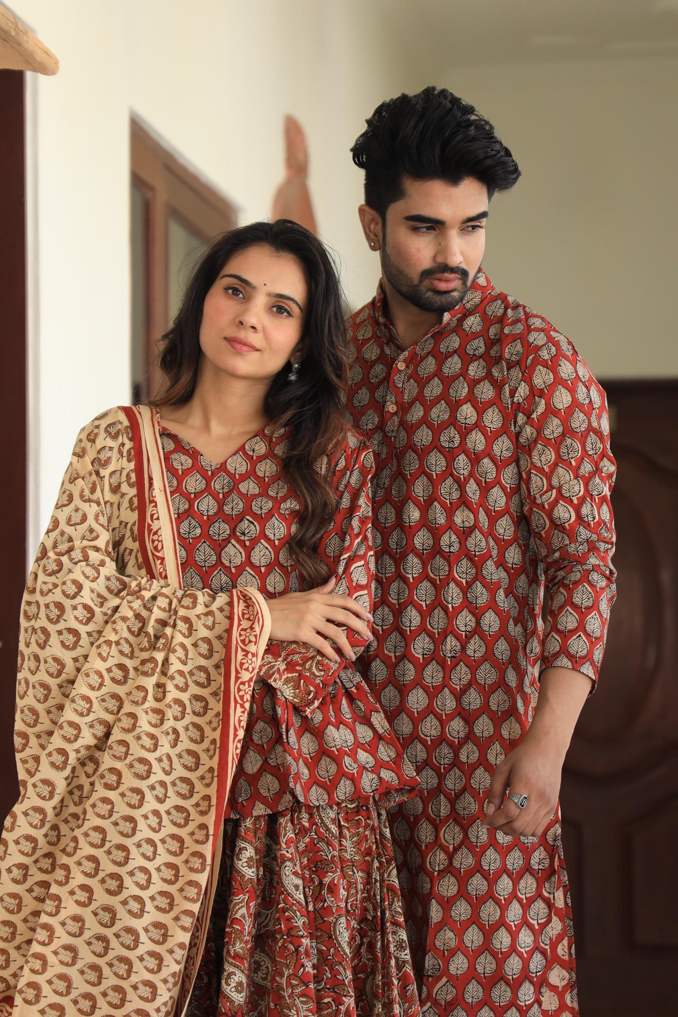Terracotta Red Leaf-Print Peplum Chaniya Choli & Matching Kurta Set