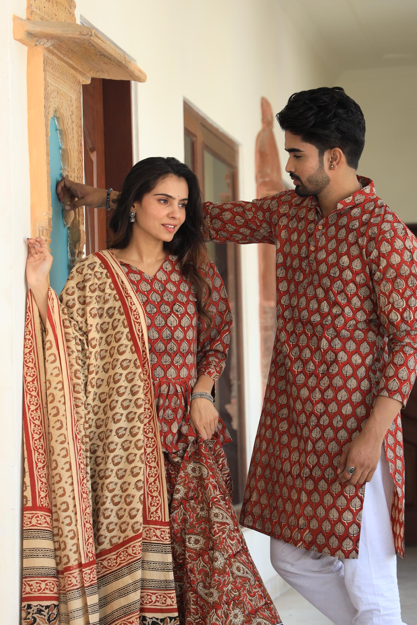 Terracotta Red Leaf-Print Peplum Chaniya Choli & Matching Kurta Set