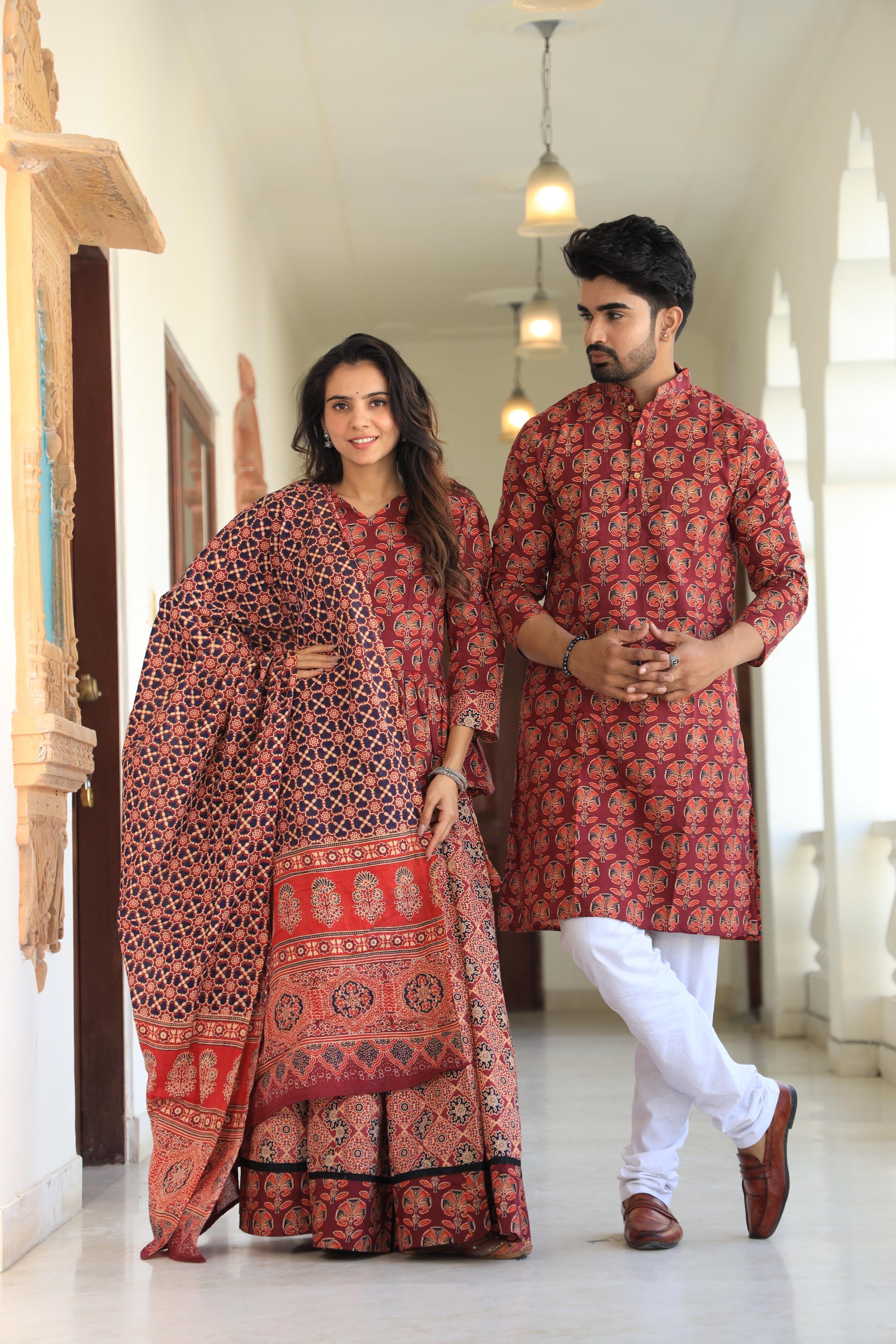 Deep Crimson Hand-Printed Peplum Chaniya Choli & Matching Kurta Set