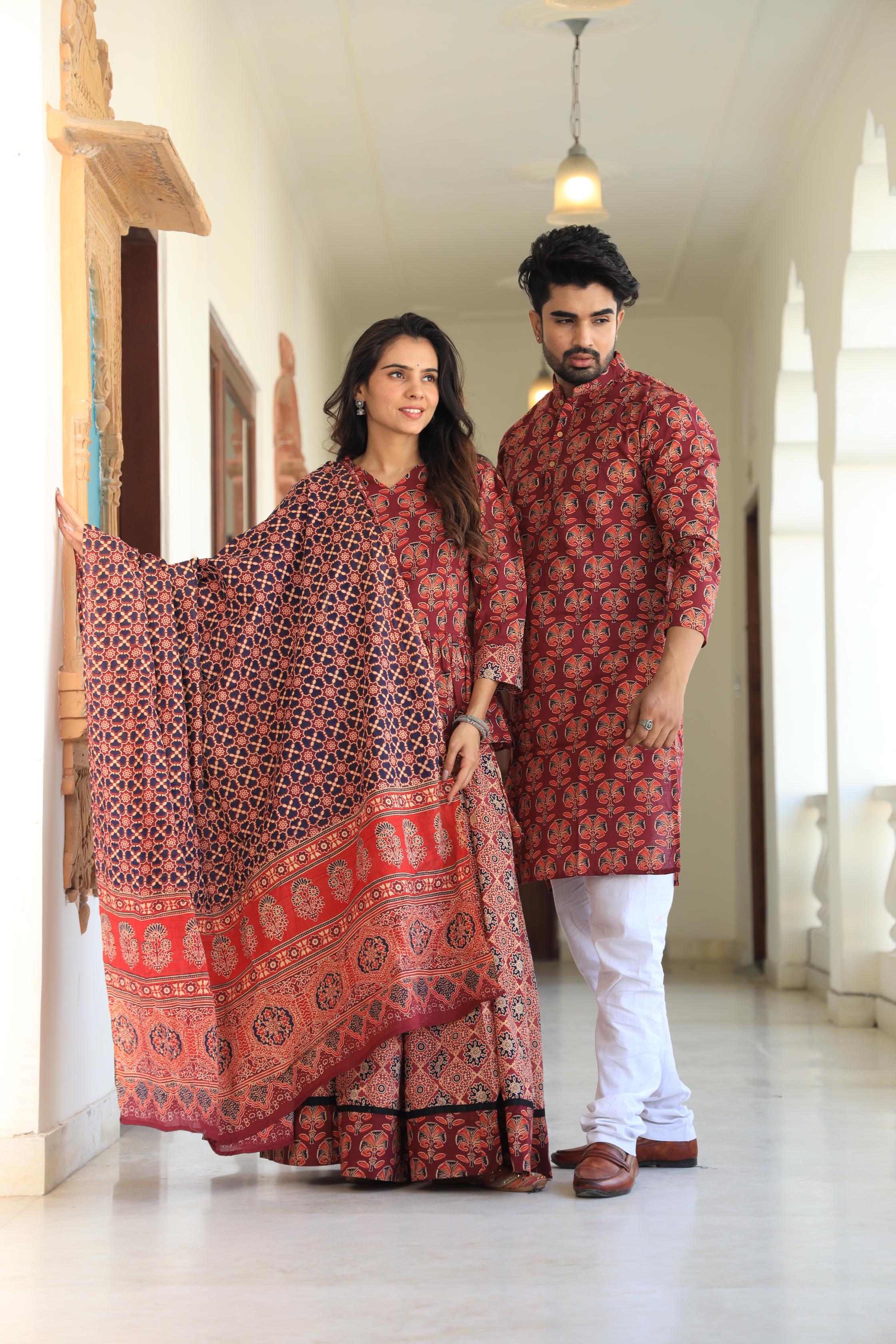 Deep Crimson Hand-Printed Peplum Chaniya Choli & Matching Kurta Set