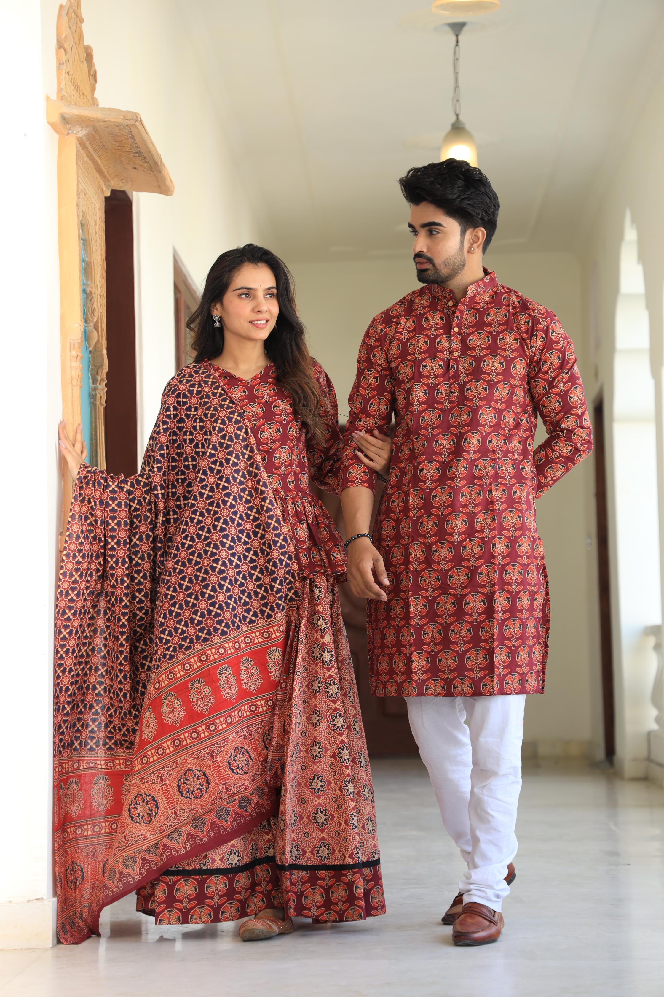 Deep Crimson Hand-Printed Peplum Chaniya Choli & Matching Kurta Set
