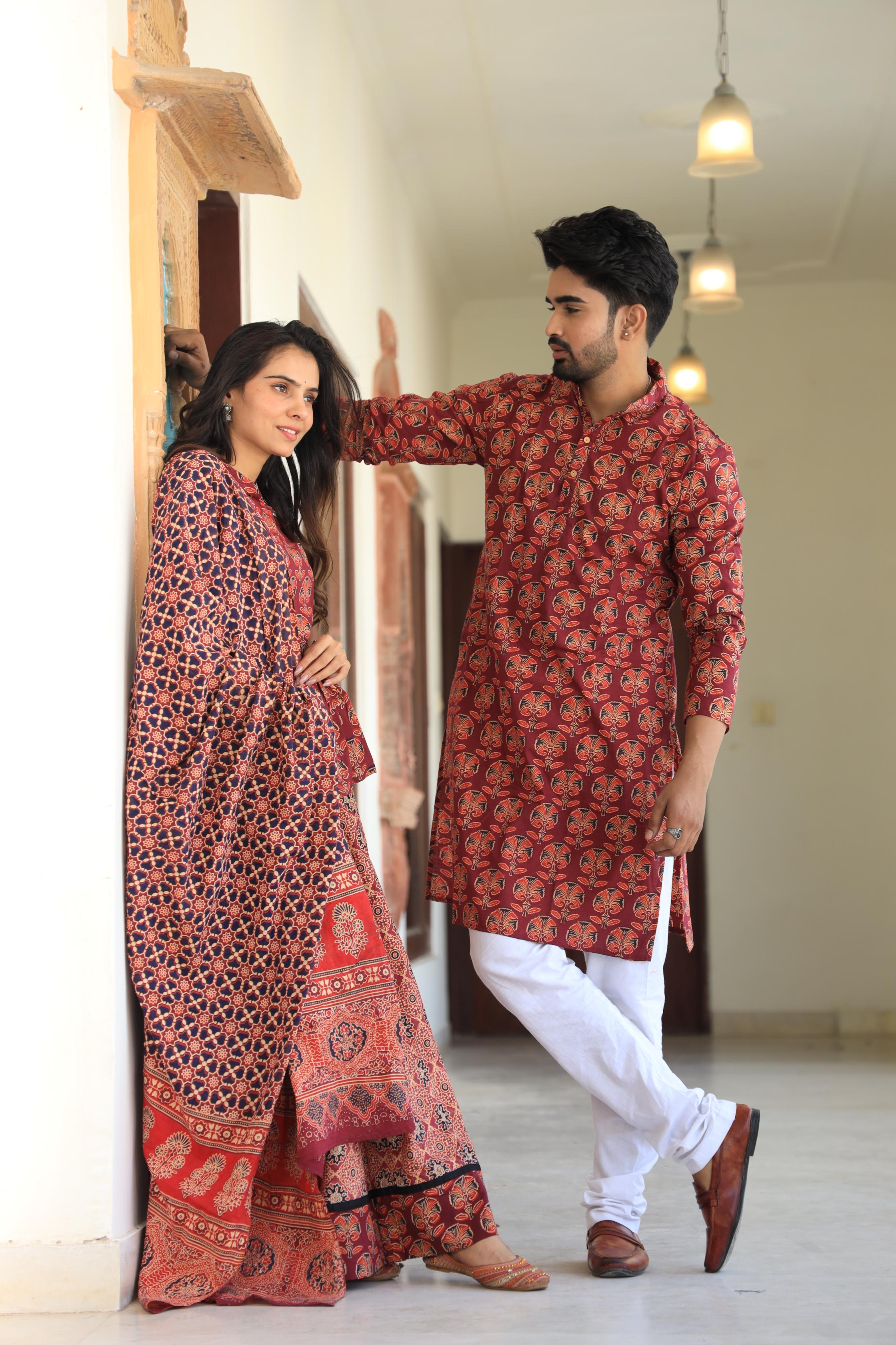 Deep Crimson Hand-Printed Peplum Chaniya Choli & Matching Kurta Set