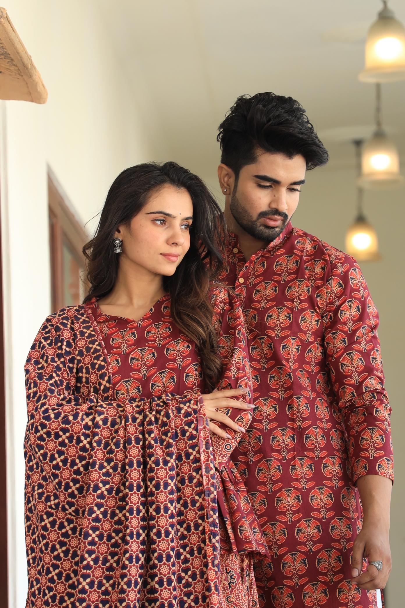 Deep Crimson Hand-Printed Peplum Chaniya Choli & Matching Kurta Set
