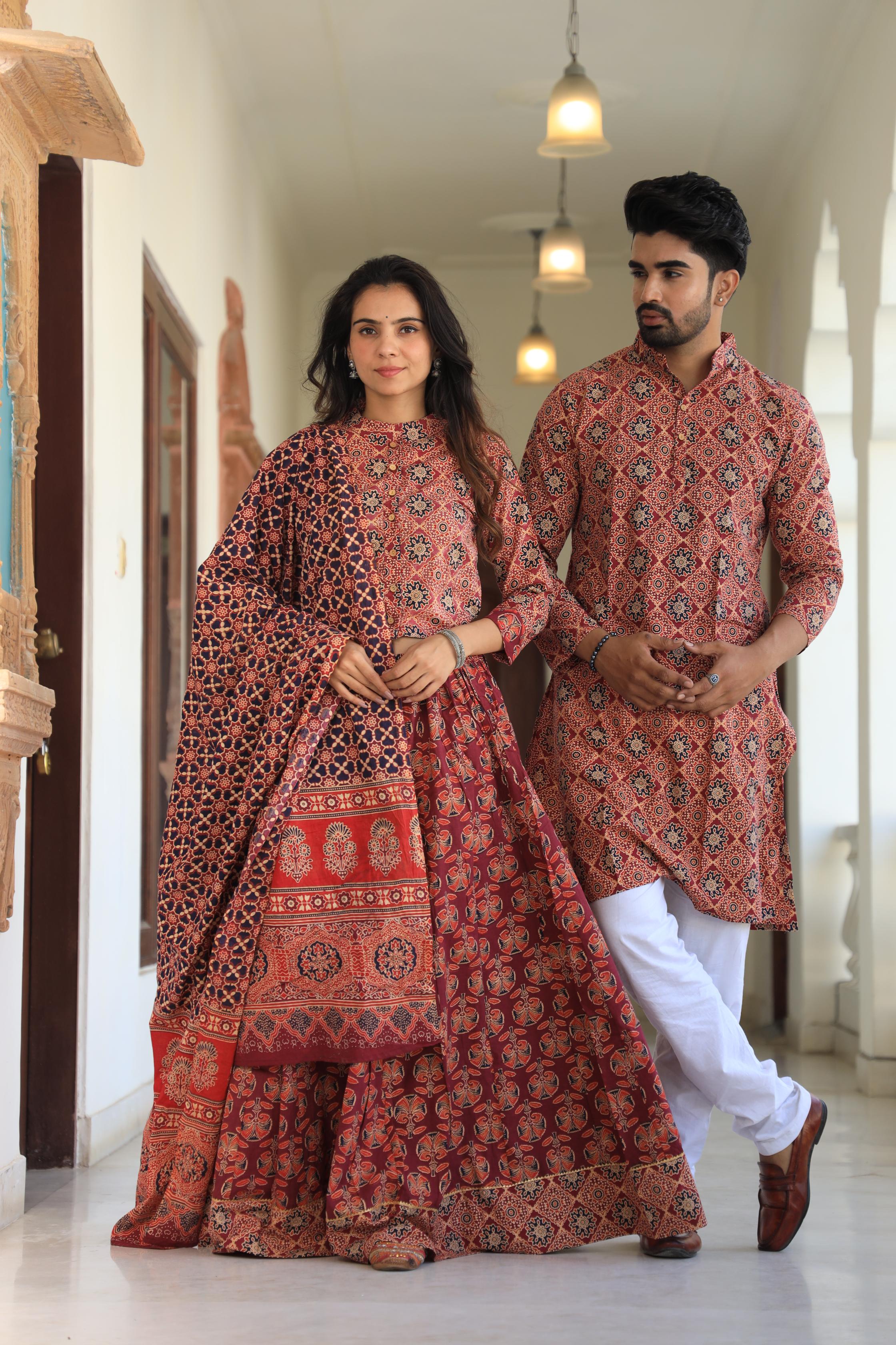Deep Red Handprinted Cotton Chaniya Choli & Kurta Couple Set