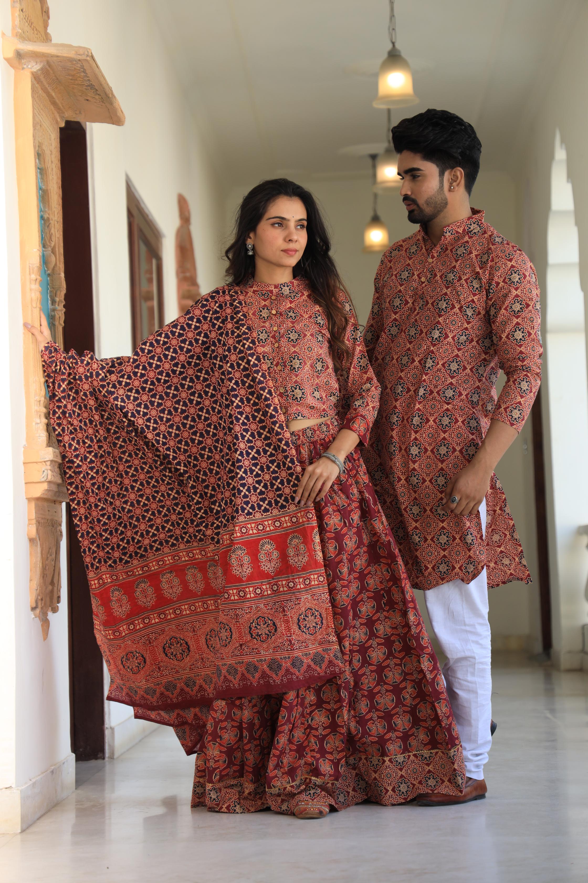 Deep Red Handprinted Cotton Chaniya Choli & Kurta Couple Set