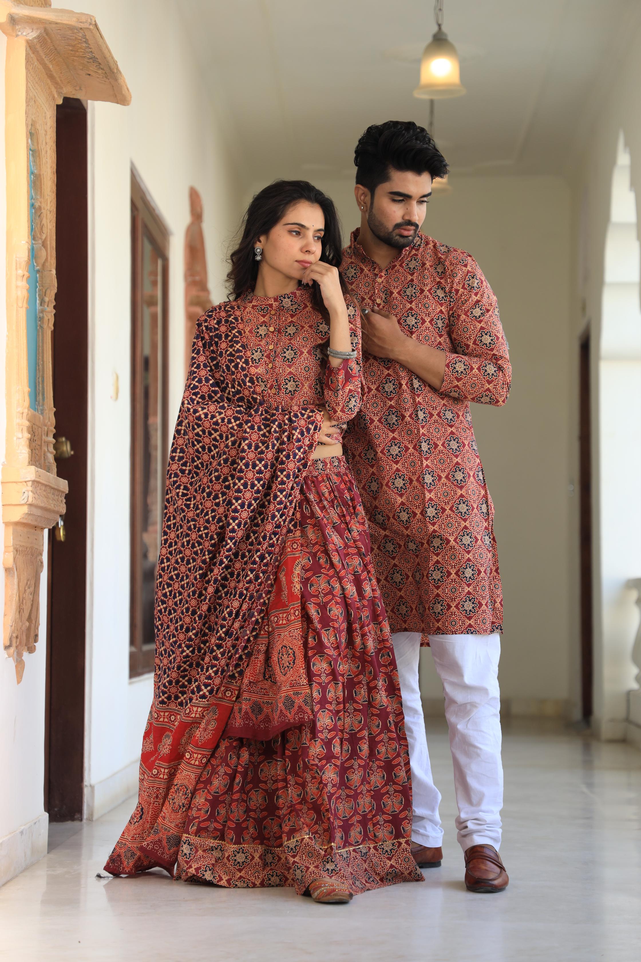 Deep Red Handprinted Cotton Chaniya Choli & Kurta Couple Set