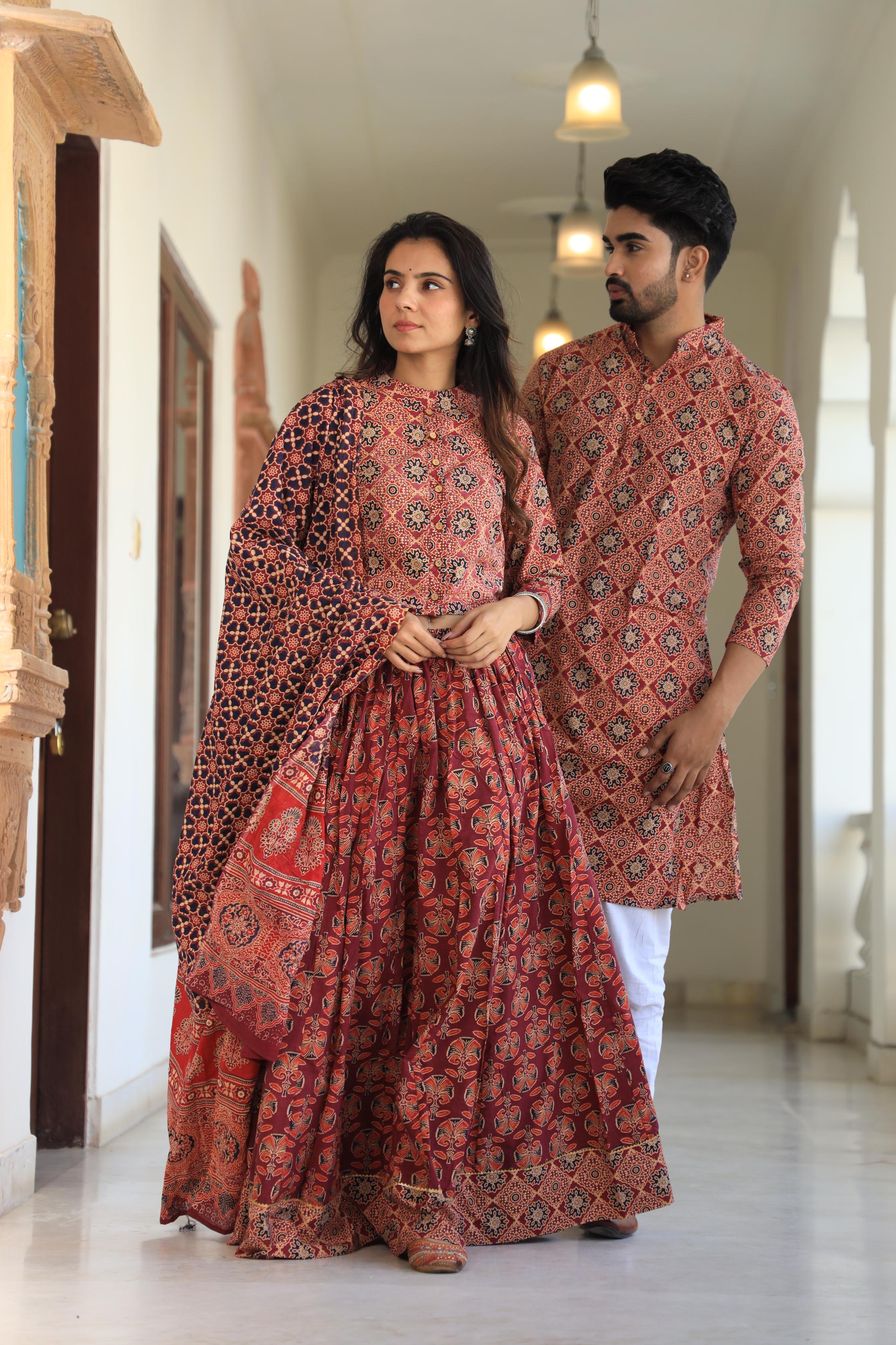 Deep Red Handprinted Cotton Chaniya Choli & Kurta Couple Set
