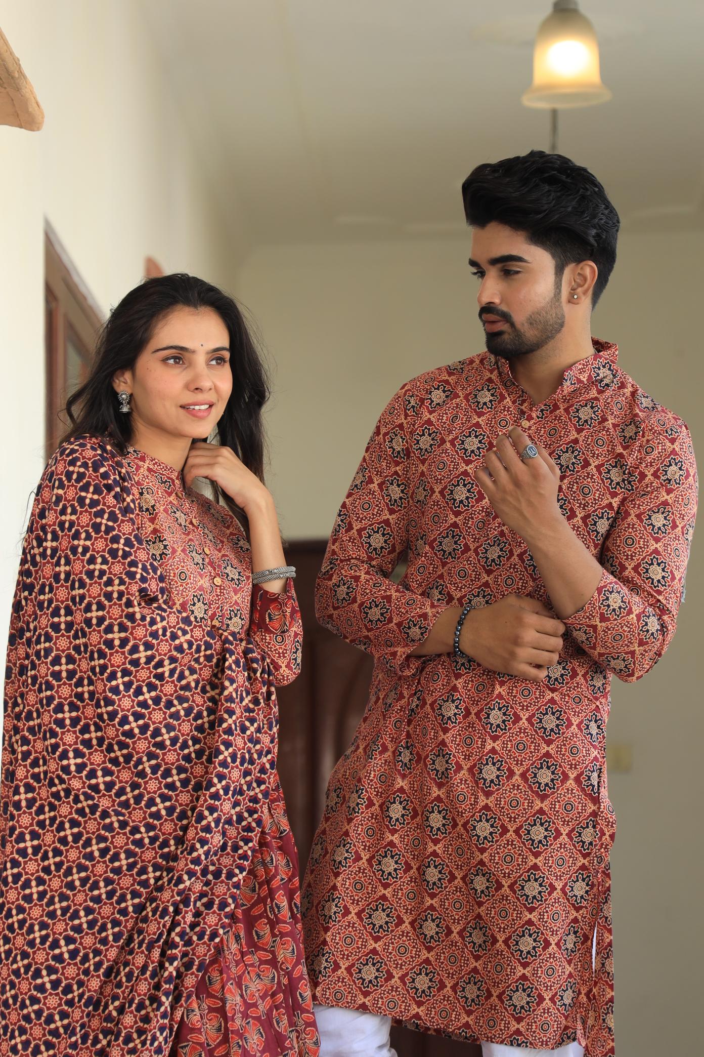 Deep Red Handprinted Cotton Chaniya Choli & Kurta Couple Set