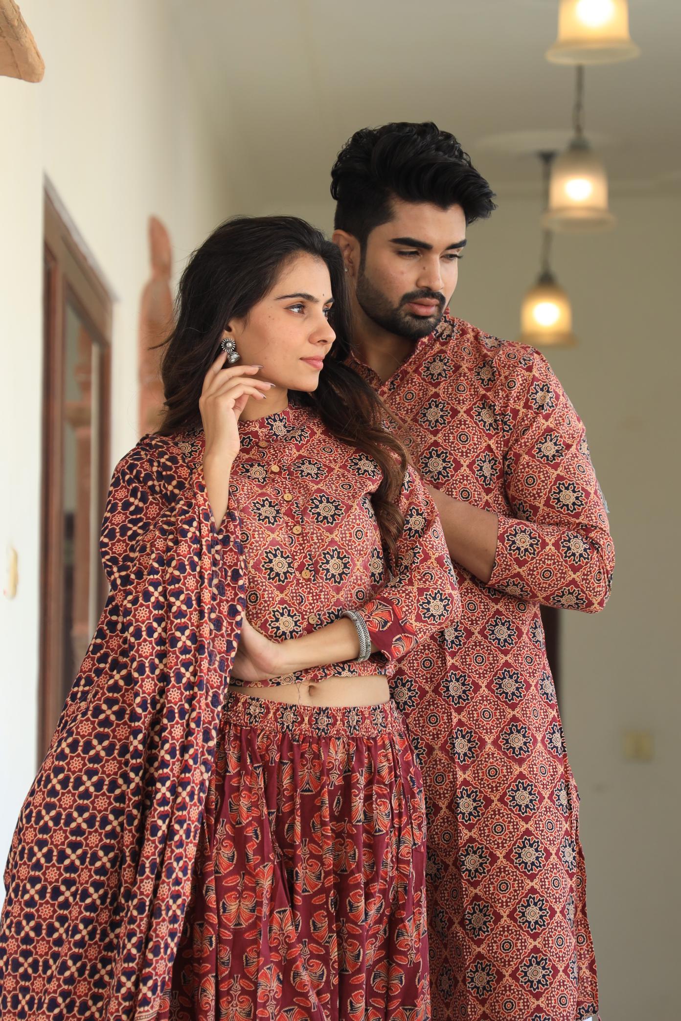 Deep Red Handprinted Cotton Chaniya Choli & Kurta Couple Set