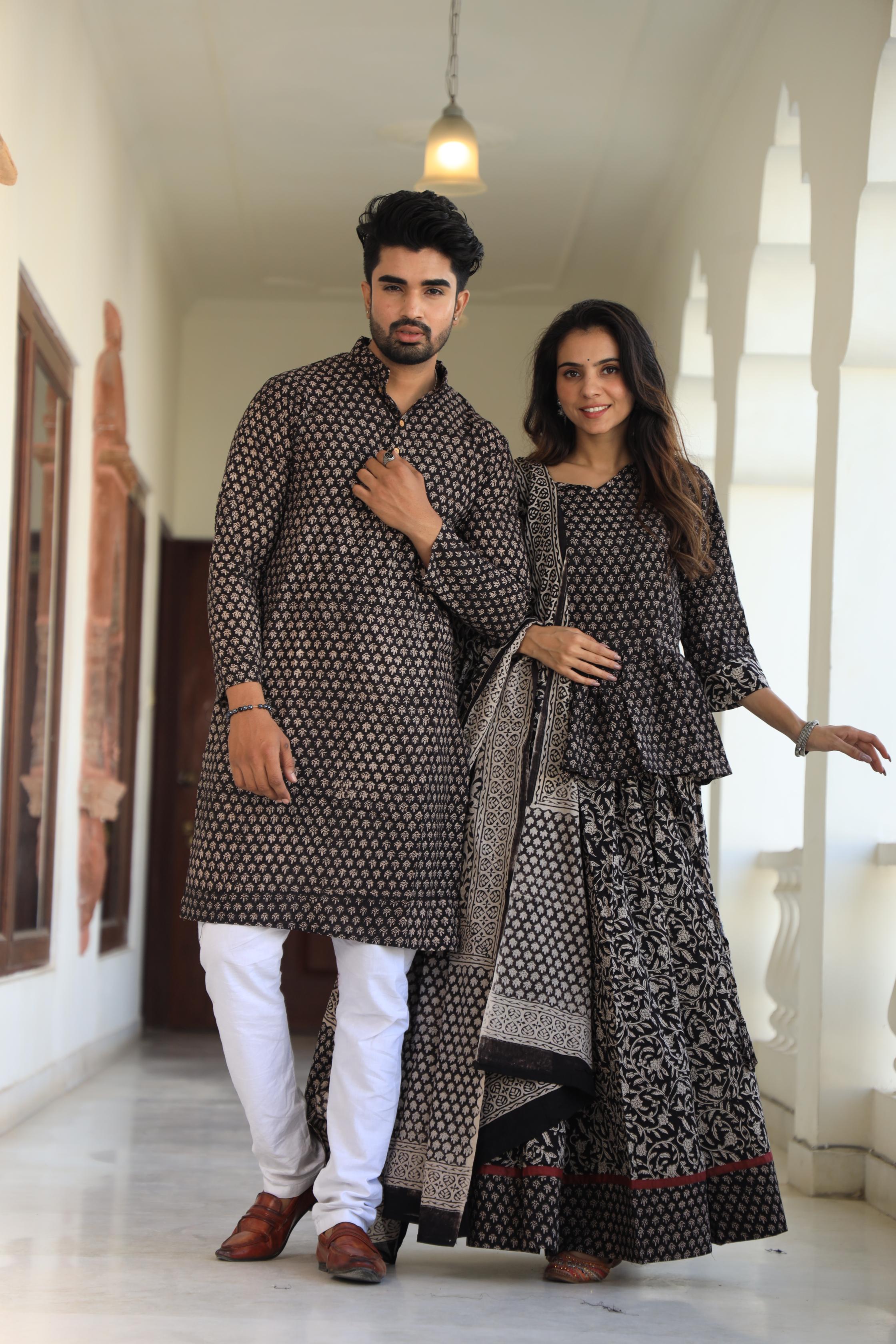 Black and Beige Hand-Printed Cotton Chaniya Choli & Kurta Couple Set