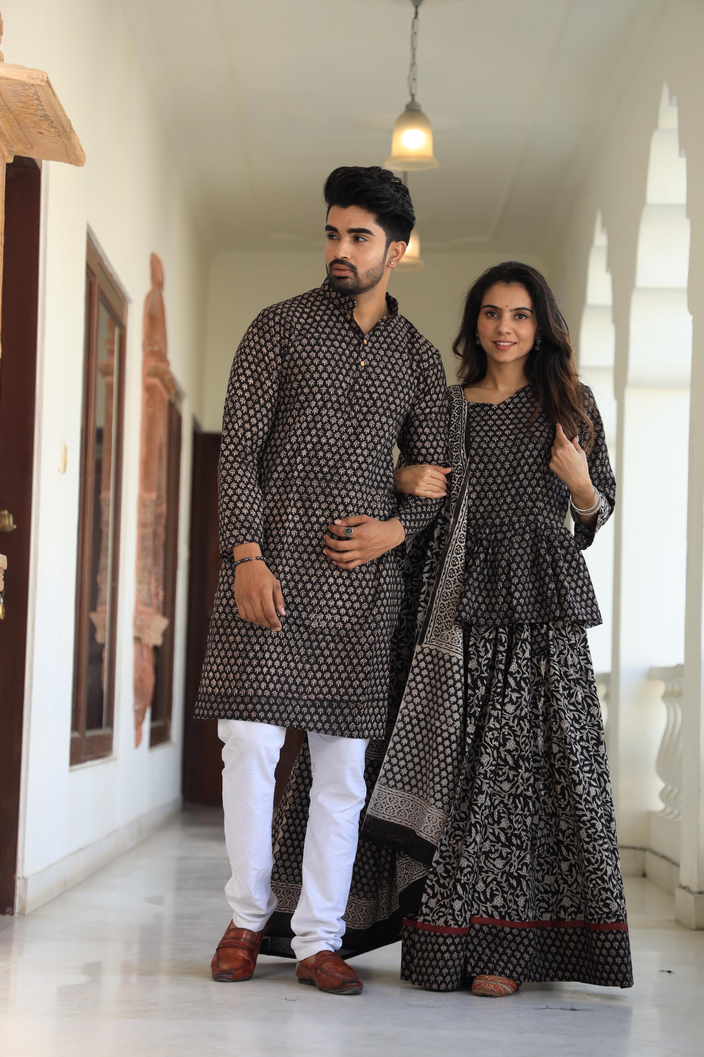 Black and Beige Hand-Printed Cotton Chaniya Choli & Kurta Couple Set