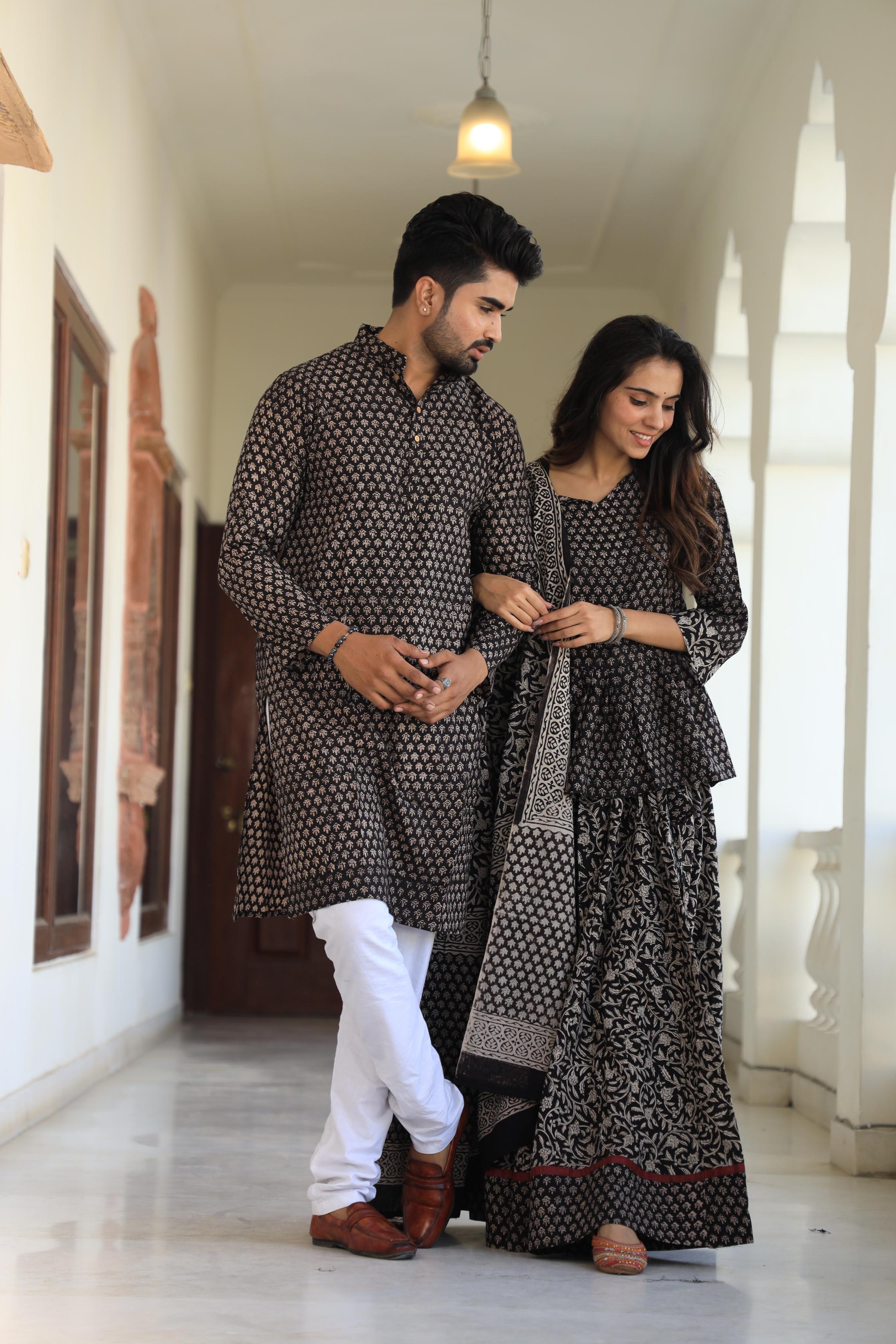 Black and Beige Hand-Printed Cotton Chaniya Choli & Kurta Couple Set