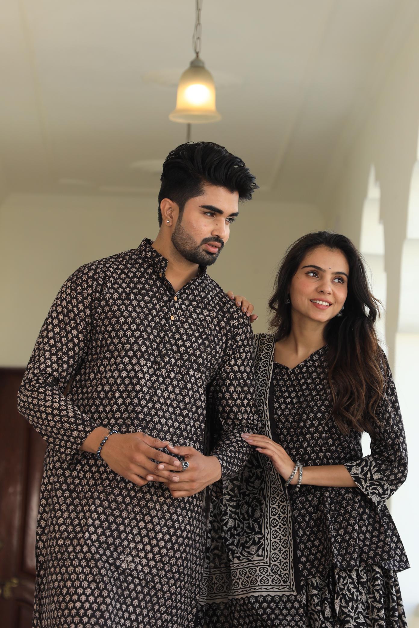 Black and Beige Hand-Printed Cotton Chaniya Choli & Kurta Couple Set